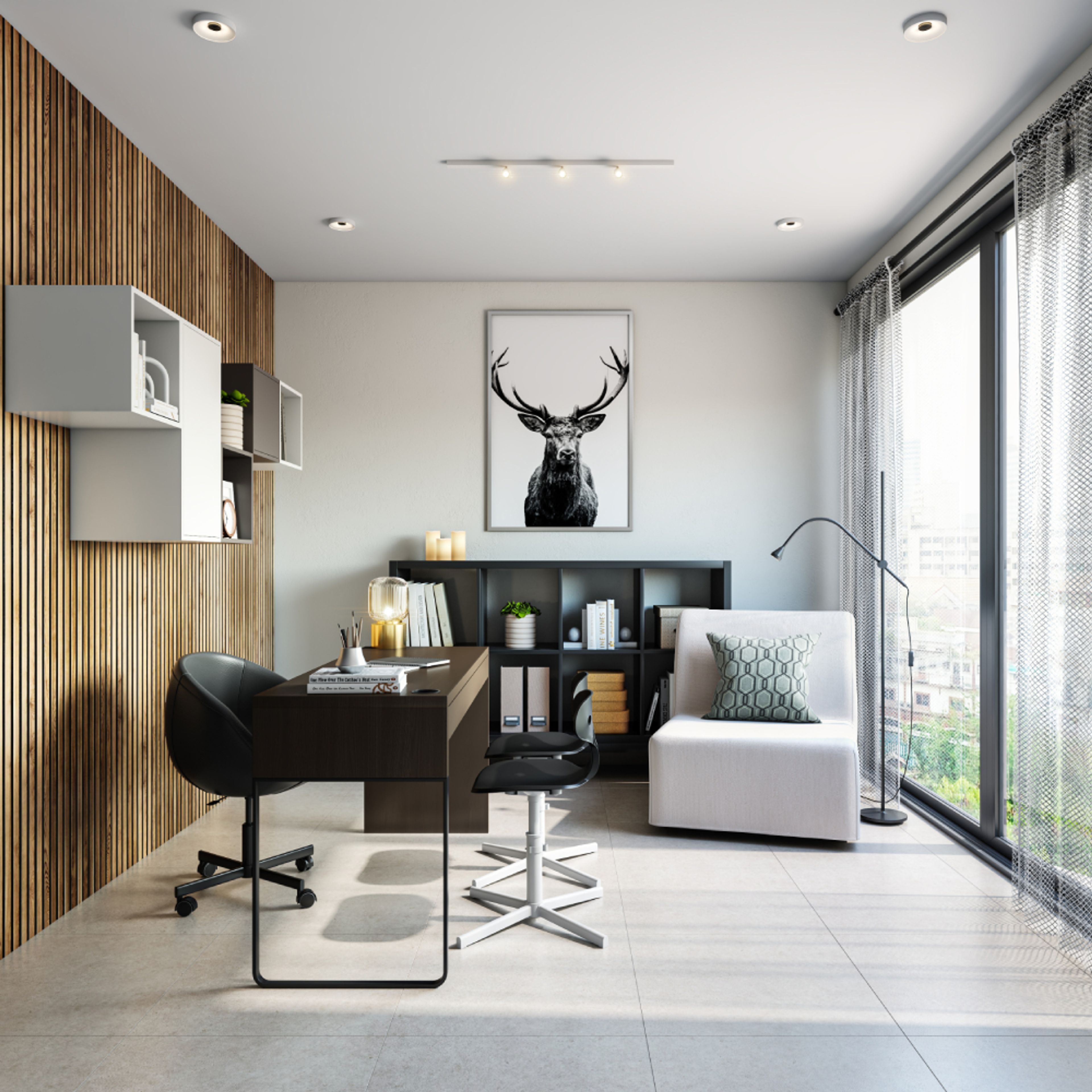 Modern Home Office Deisgn With Wooden Wall Panelling