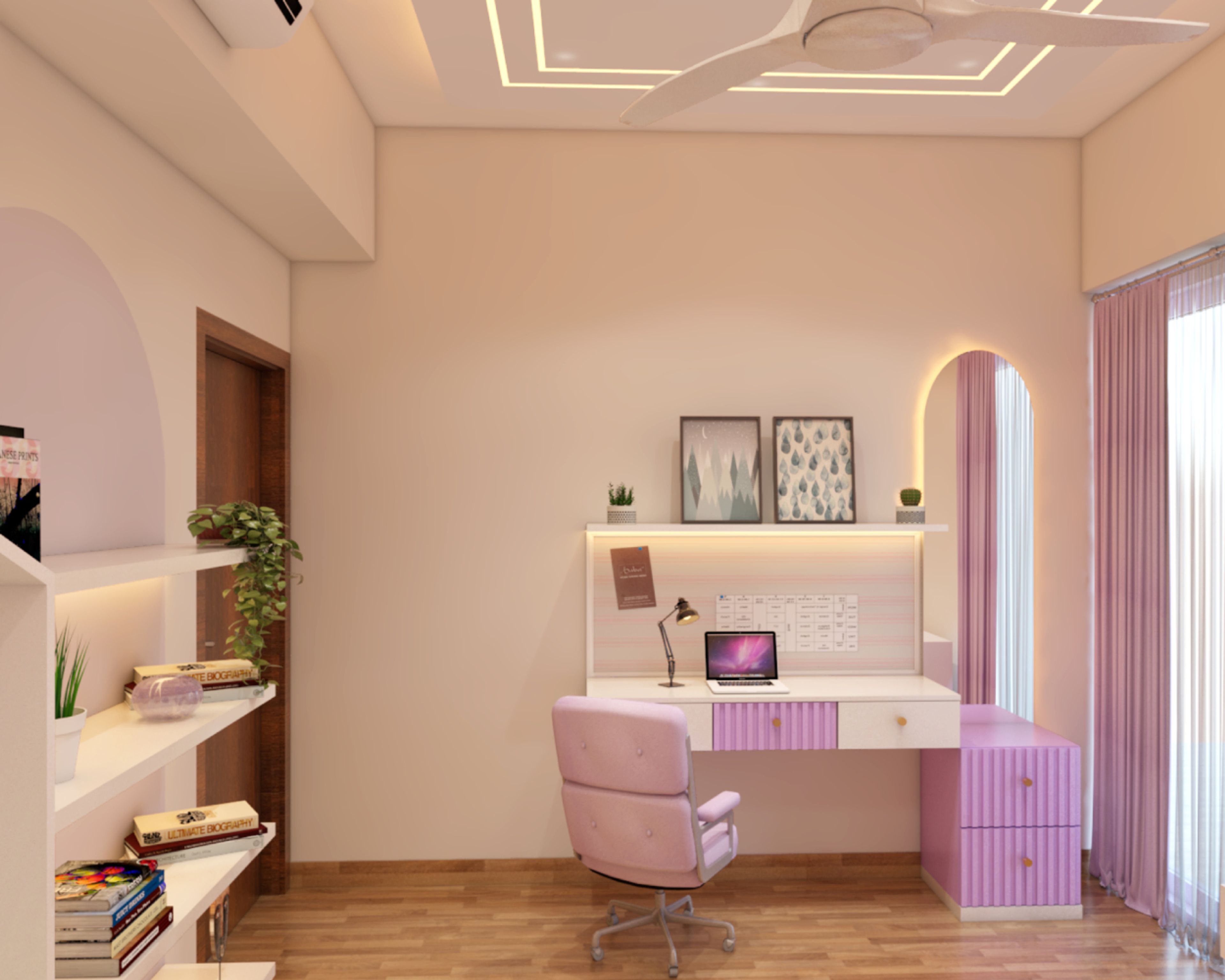 Art Deco White And Lavender Home Office Design With Integrated Dressing Unit