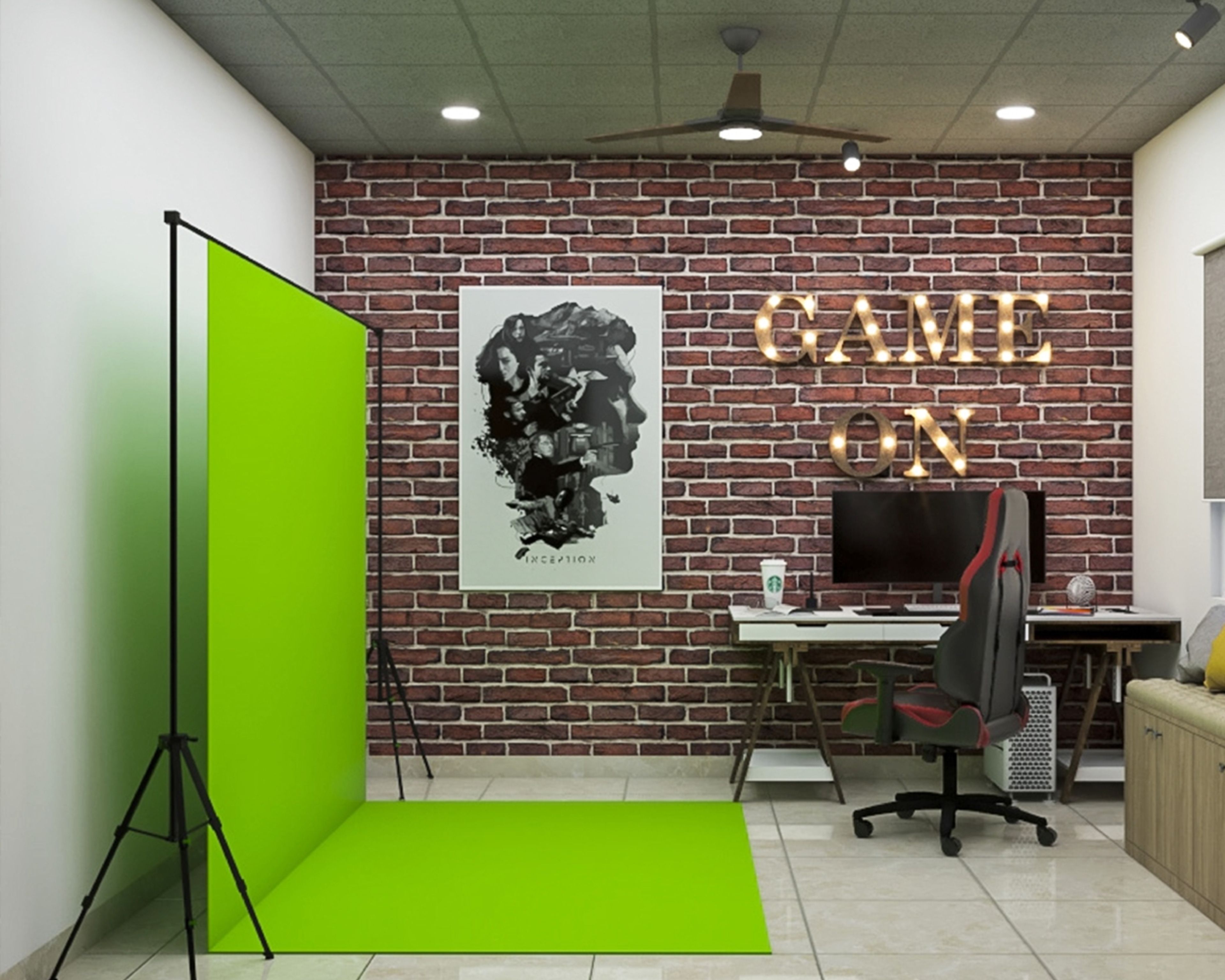 Home Office Design With Red Brick Accent Wall, White Wall, Green Screen And Wooden Study Table - Livspace