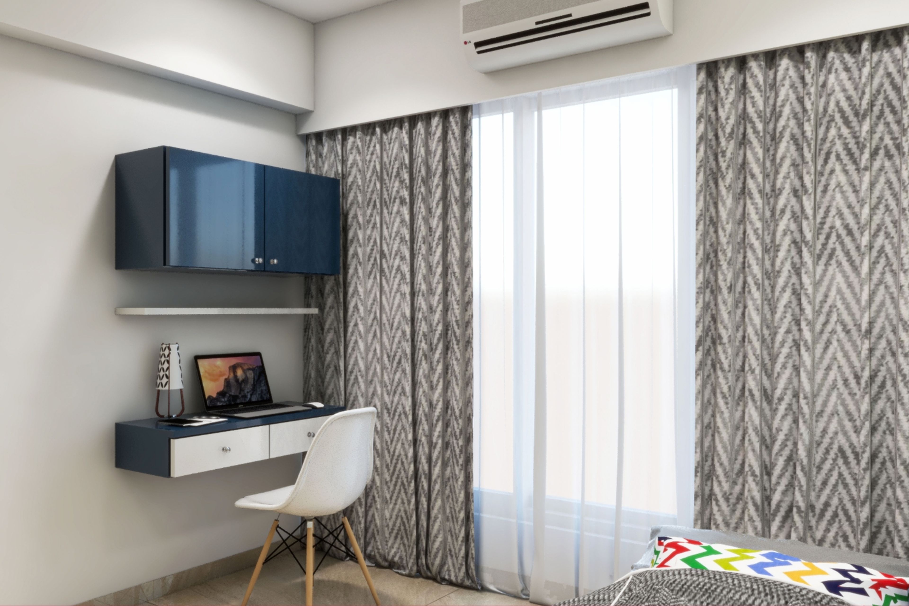 Boys Room Design With Wall-Mounted Blue And White Study Table With White Chair - Livspace