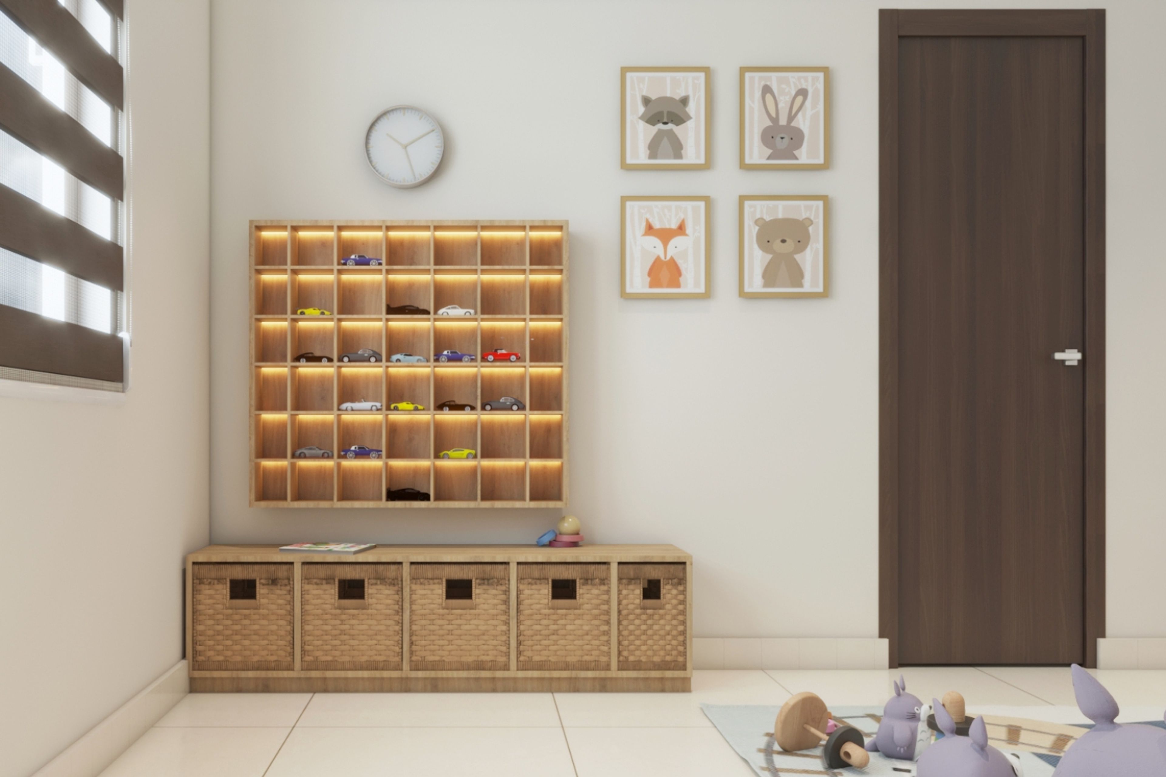 Kids Room With Wall-Mounted Wooden Storage Unit With Shelves And Rattan Storage Boxes - Livspace