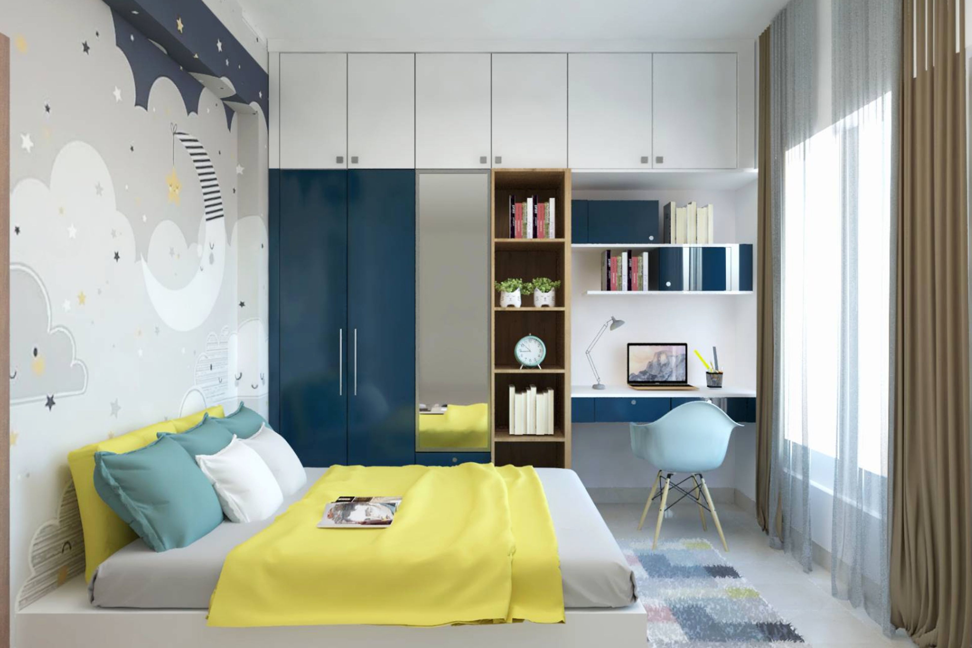 Modern Kids Room Design With 2-Door Dark Blue Mirrored Swing Wardrobe And Study Table