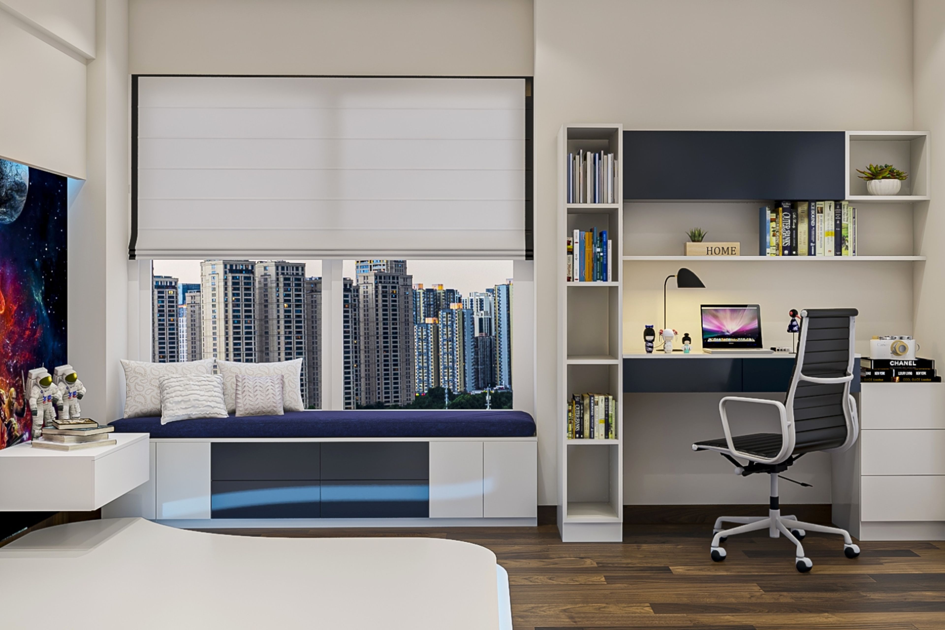 Kids Bedroom With Blue And White Window Seater And White Study Table - Livspace