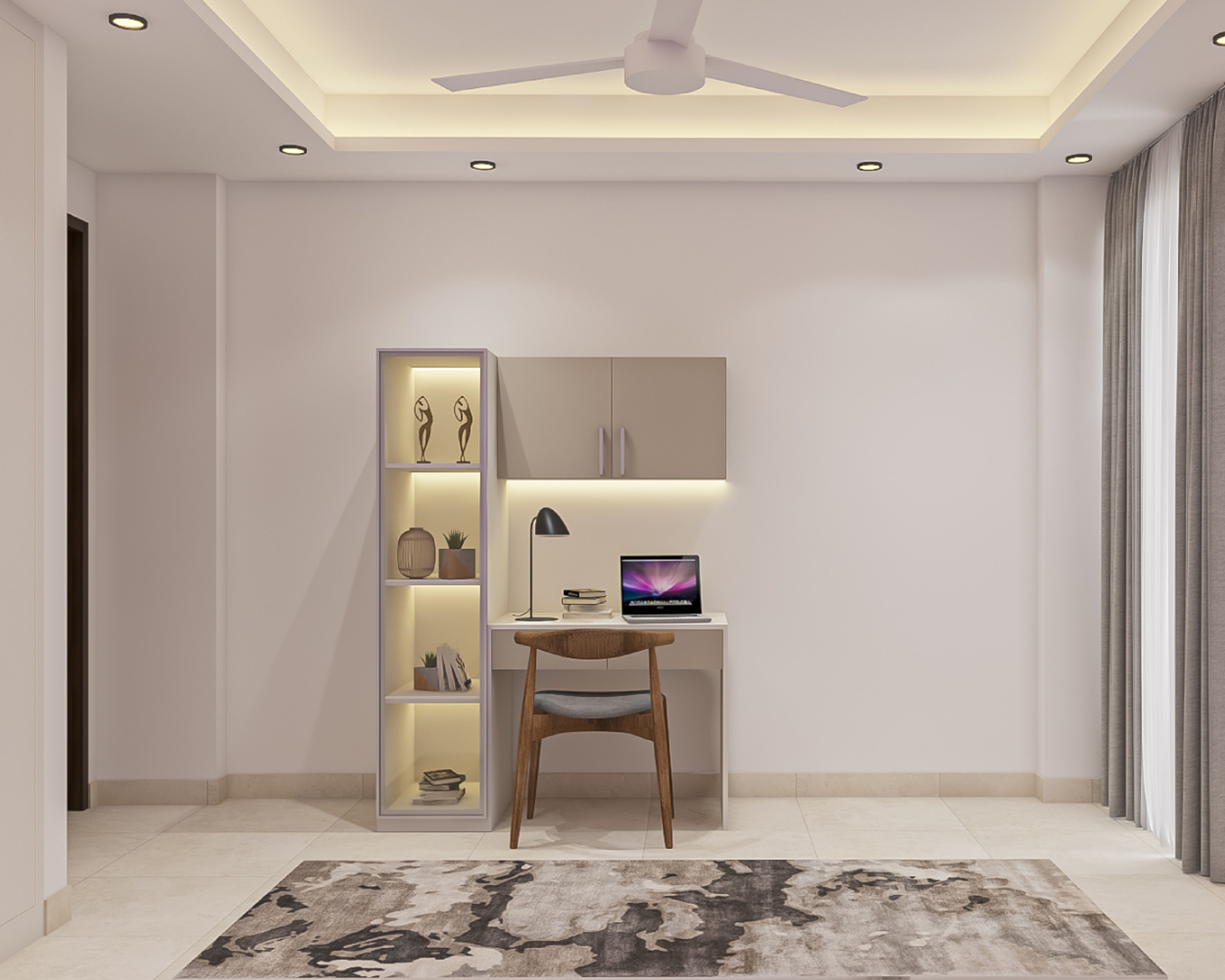 Kids Bedroom Design With Beige Study Table And Tall Storage Unit With Shelves - Livspace