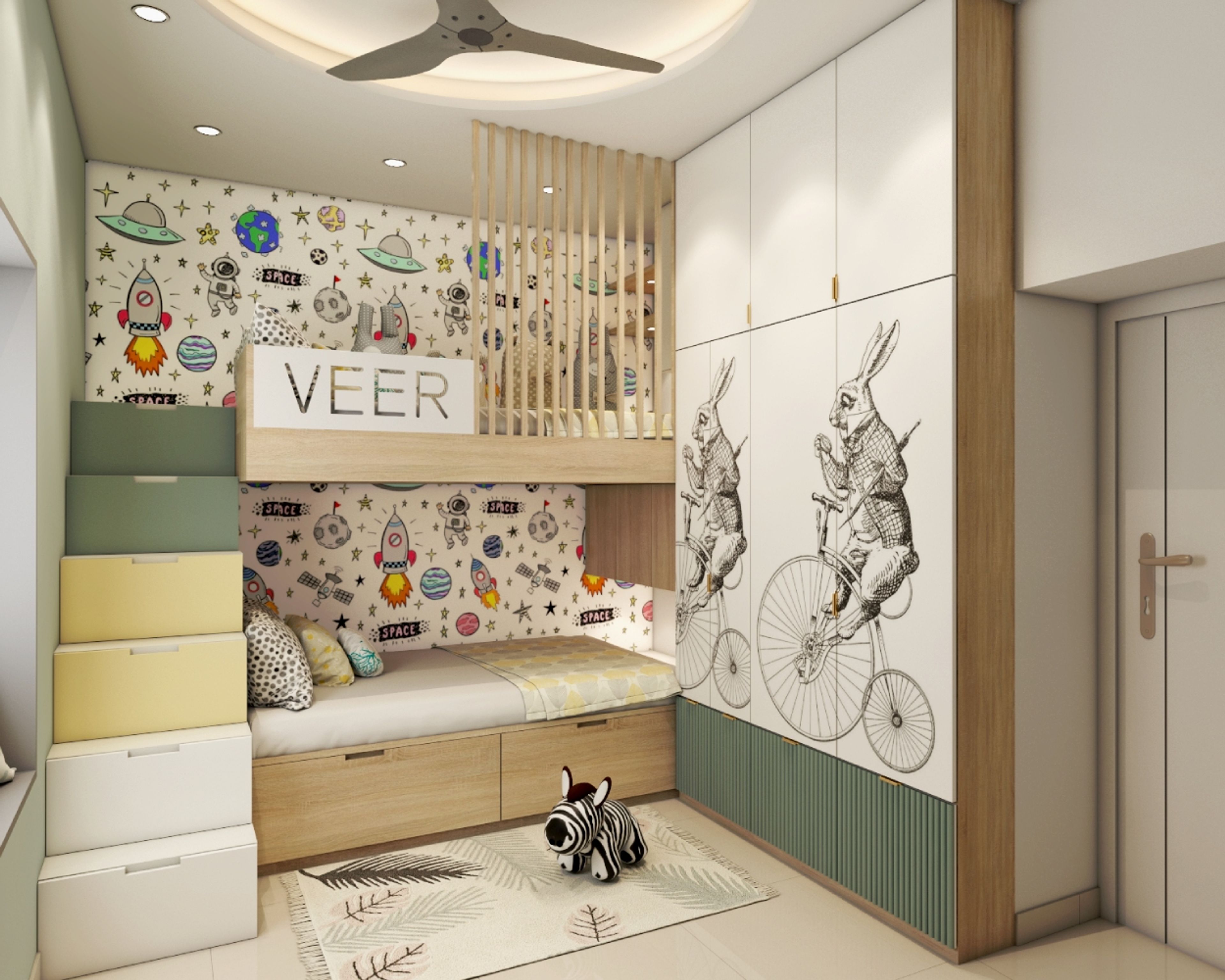 Modern Kids Room Design With Wooden Bunk And Space-Themed Wallpaper