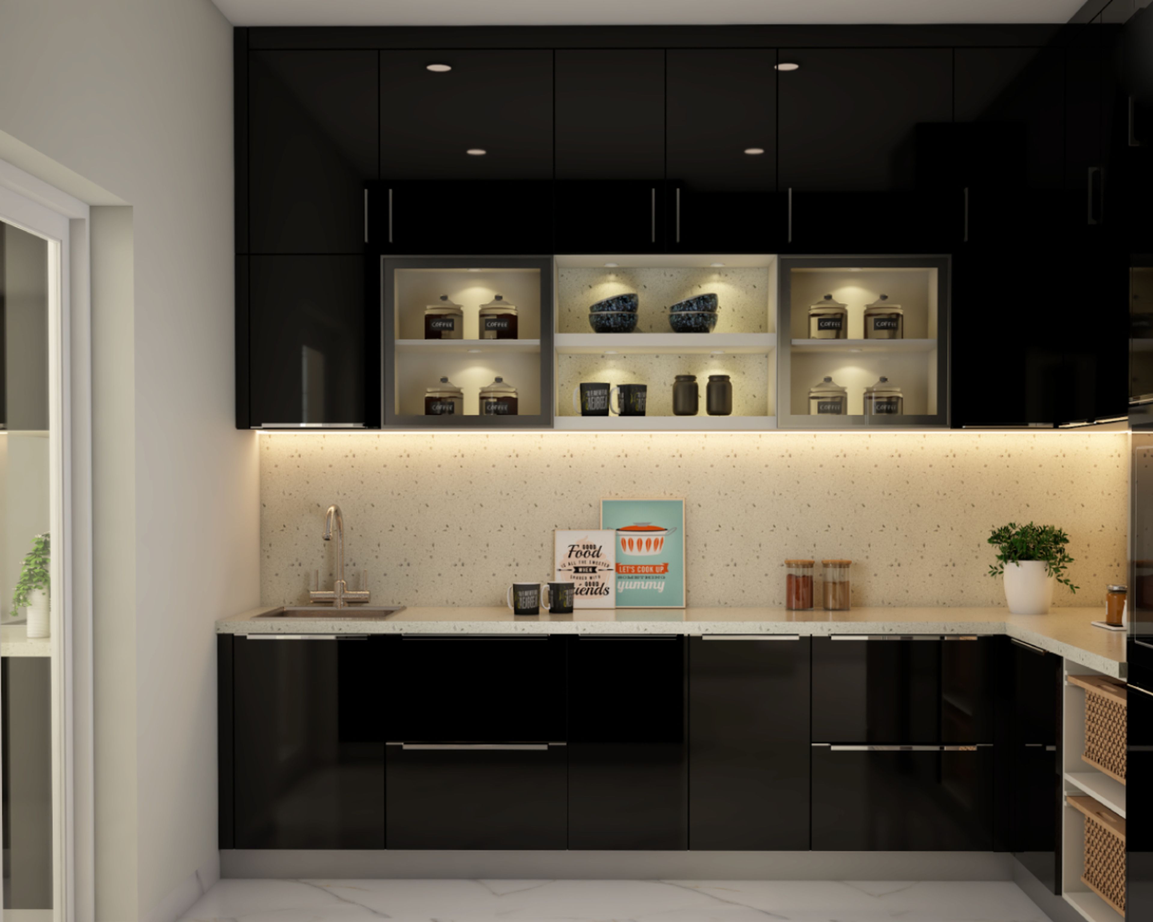 All-Black Glossy Kitchen Design With White Wall-Mounted Storage And Wicker Baskets - Livspace