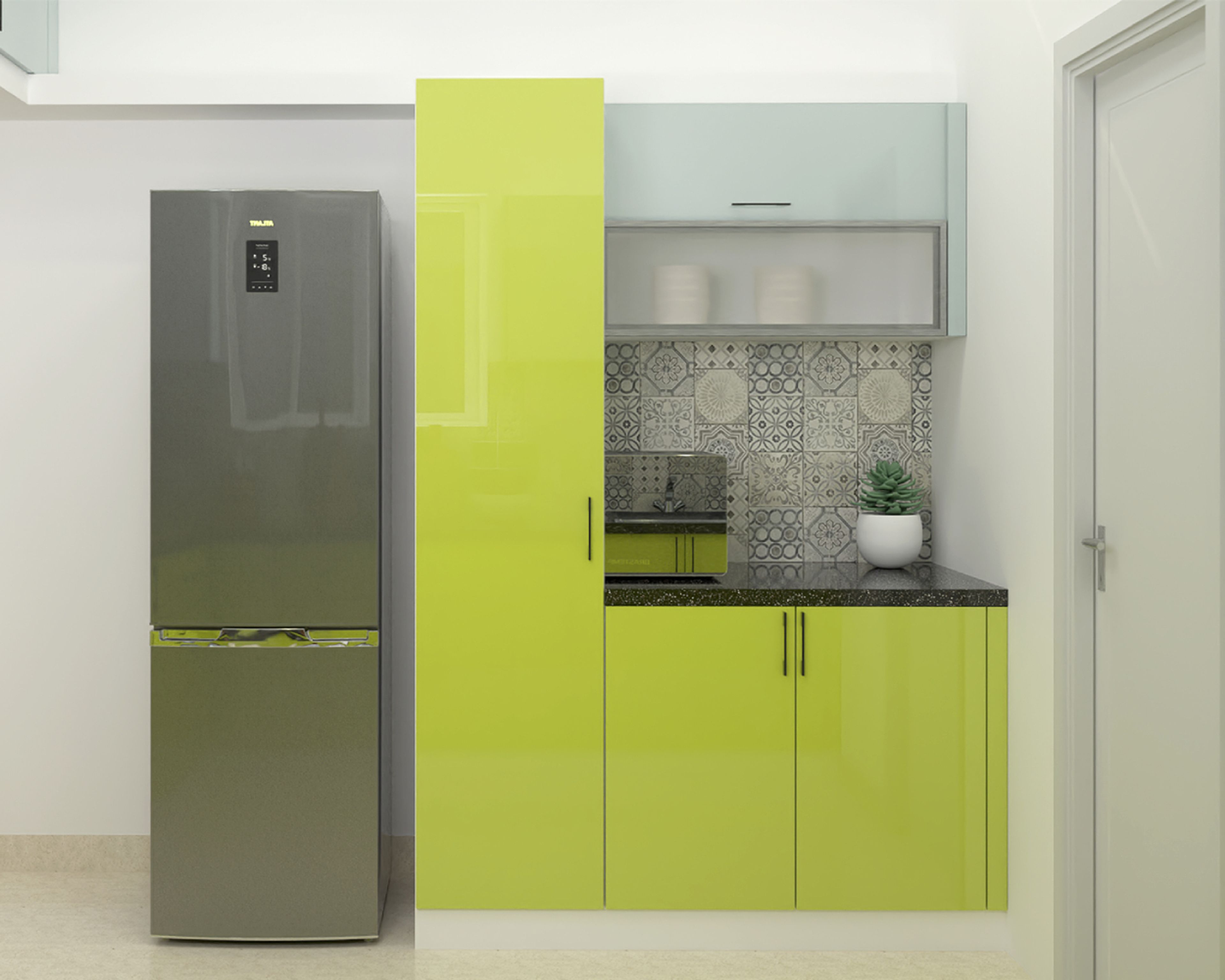 Lime Green Modular Kitchen Cabinets With Tall Storage Unit - Livspace