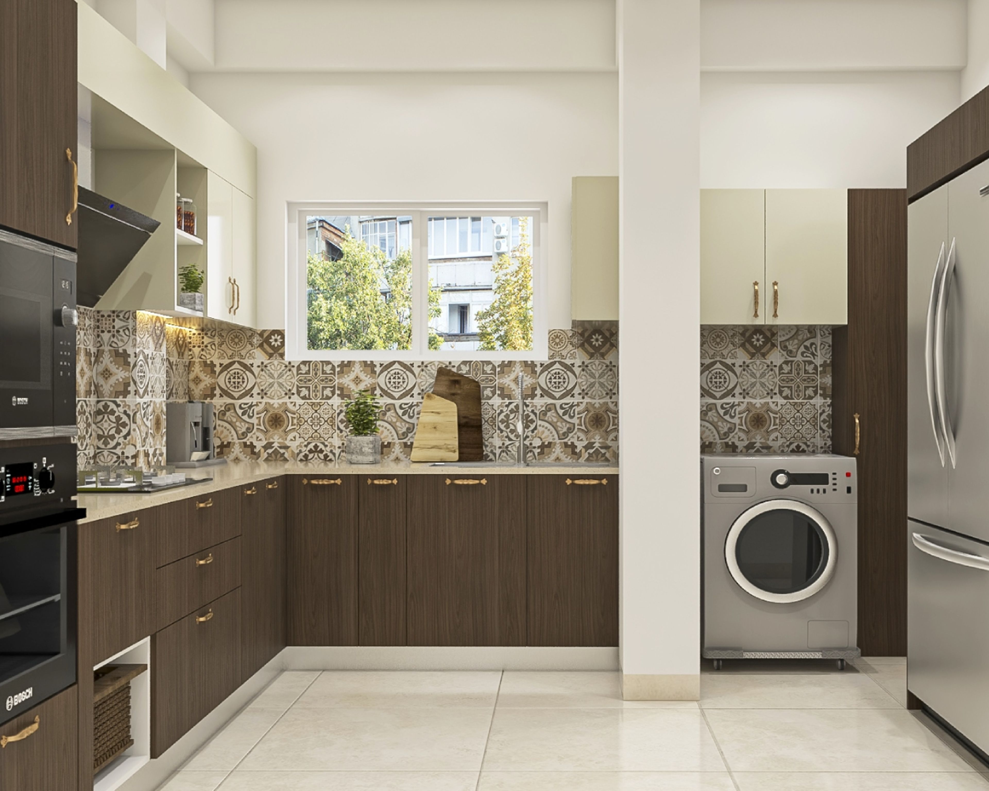 L-Shaped Wood And Champagne Toned Modular Kitchen With Washing Machine - Livspace