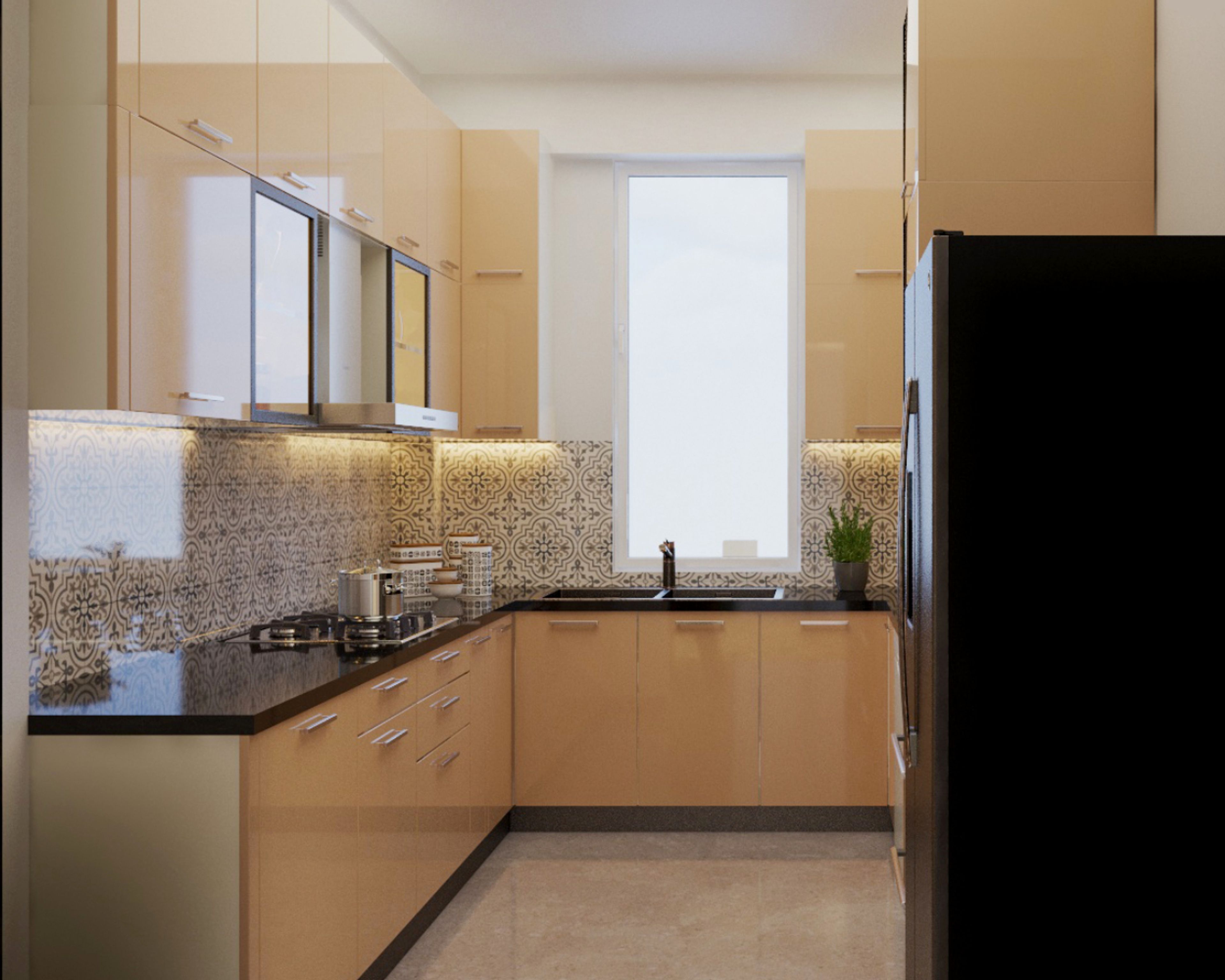 U-Shaped Peach Kitchen Design With Moroccan Backsplash And Jet Black Quartz Countertop - Livspace