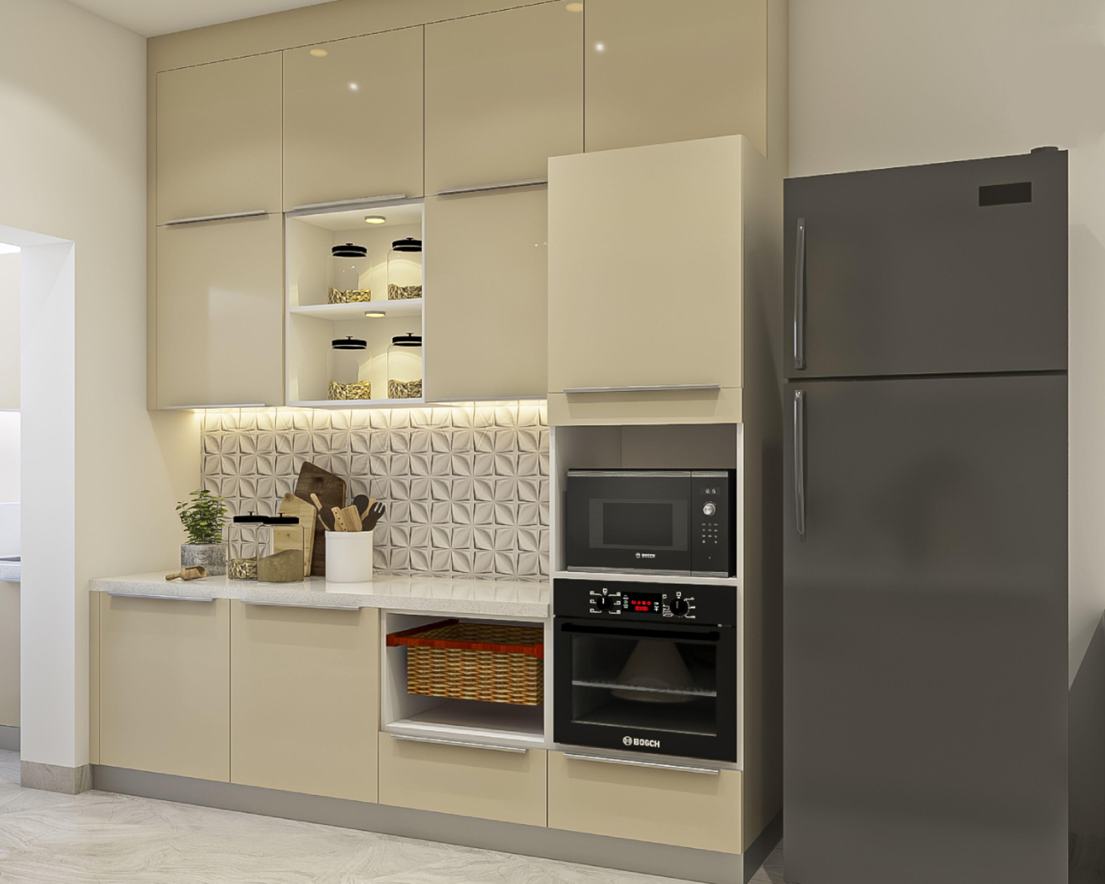 Blossom Magnolia Parallel Kitchen Design With Tall Appliances Unit And Under-Cabinet Lighting - Livspace