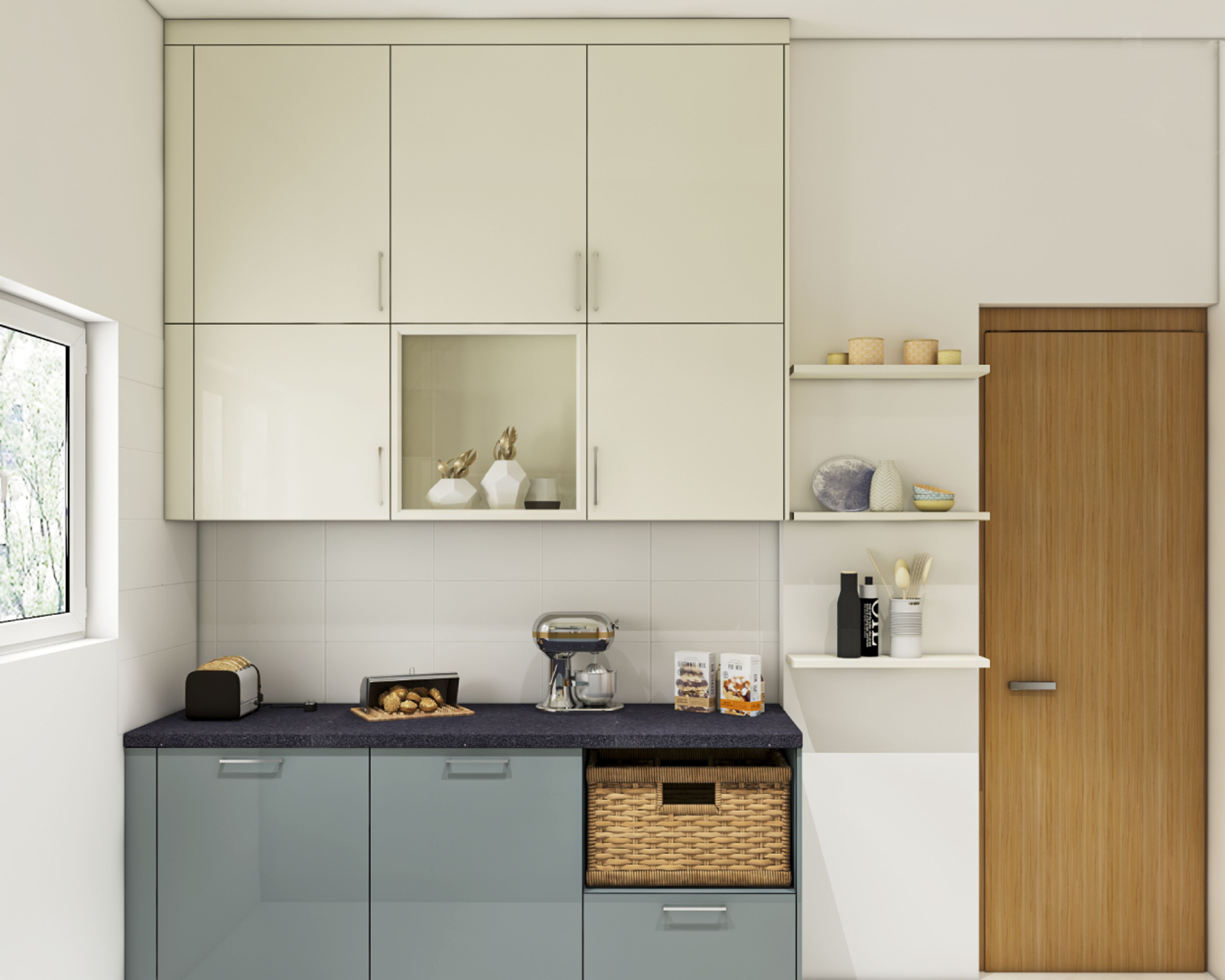 Parallel Kitchen Design With Wicker Baskets