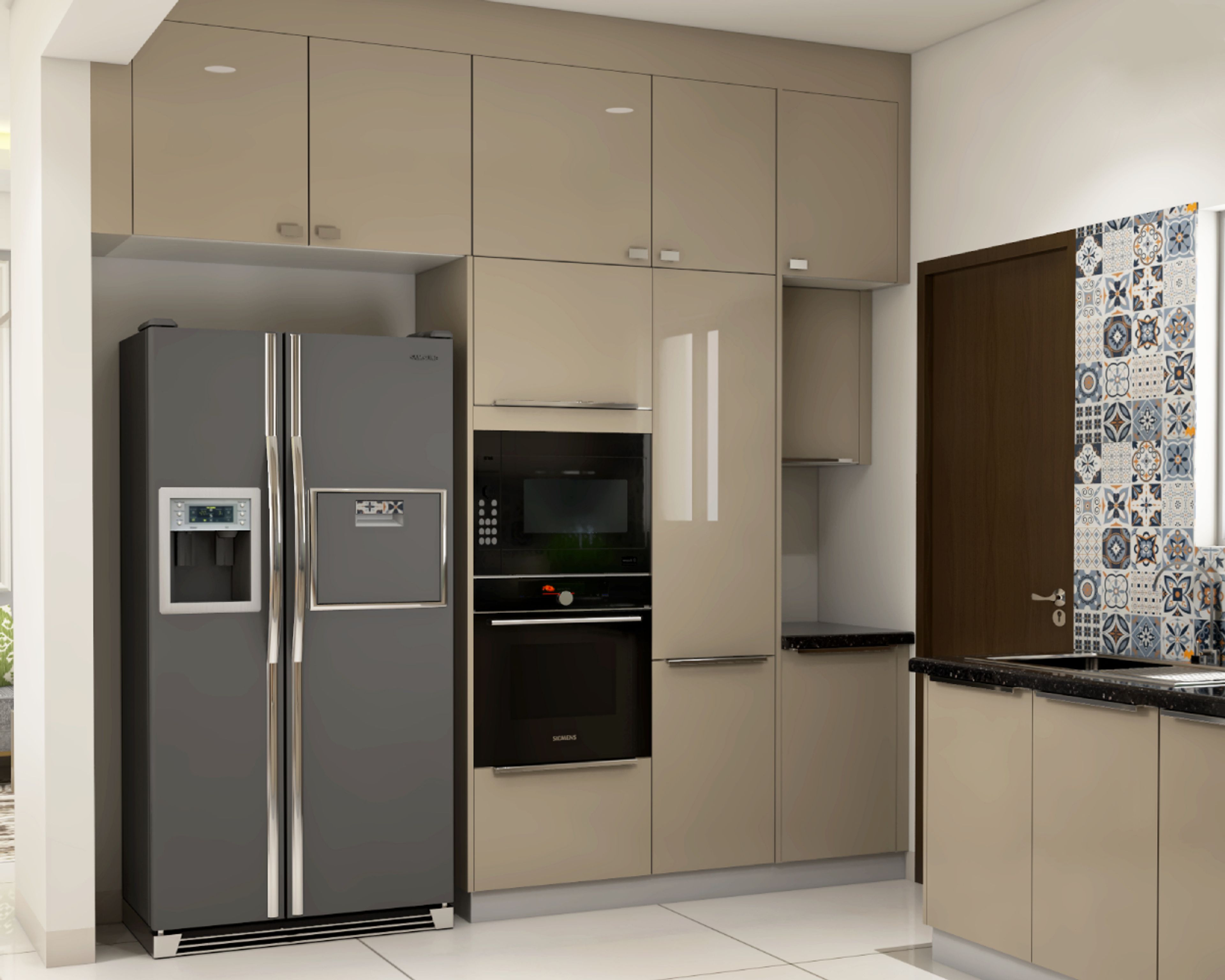 Irish Cream Modular Kitchen Design With Tall Appliance Unit And Refrigerator - Livspace