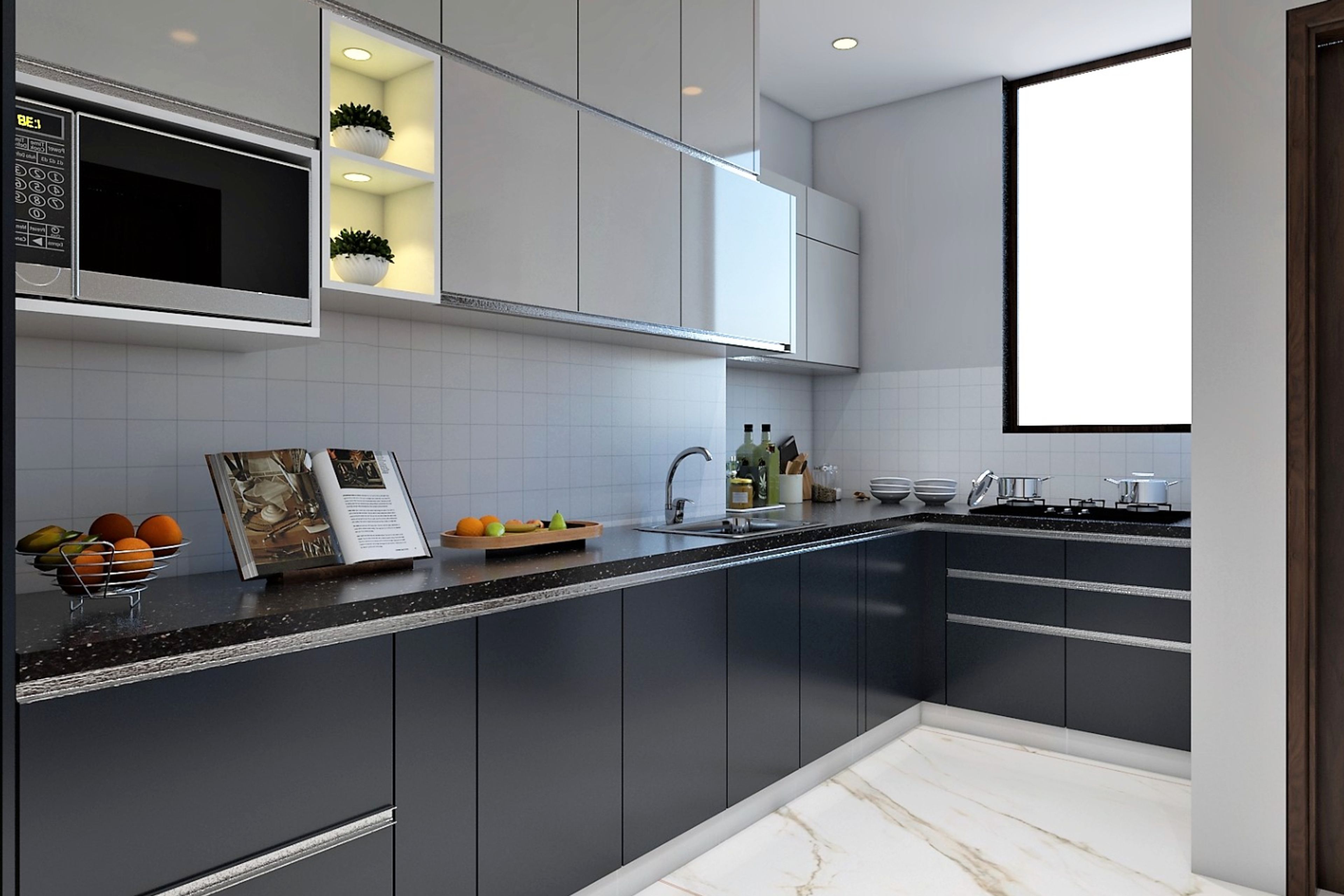 Modern Gothic Grey And Smoke Grey Modular L Shape Kitchen Design White Square Dado Tiles