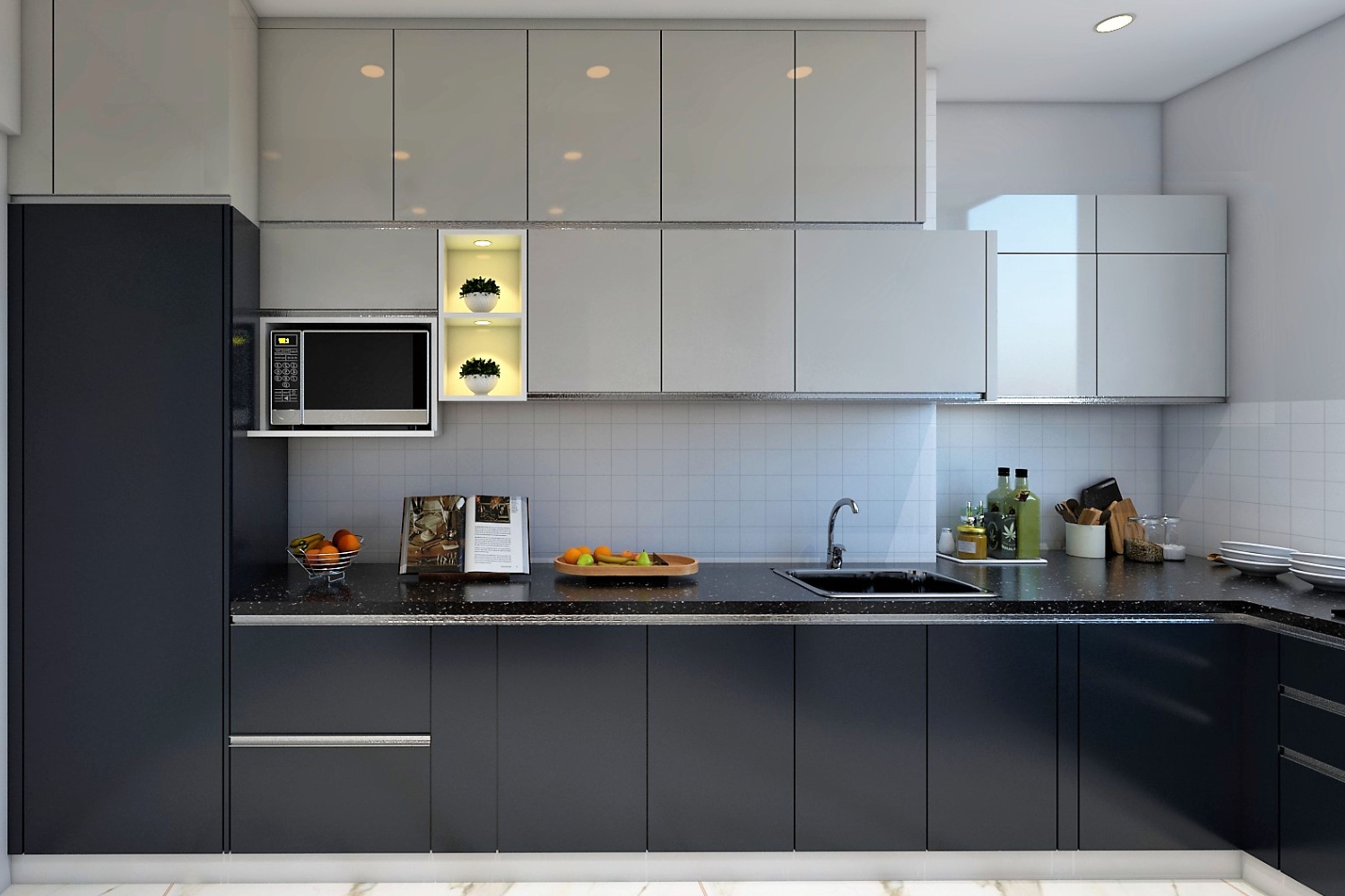 Dual-Toned Dark Grey And Light Grey L Shape Kitchen Design With Tall Appliance Unit - Livspace