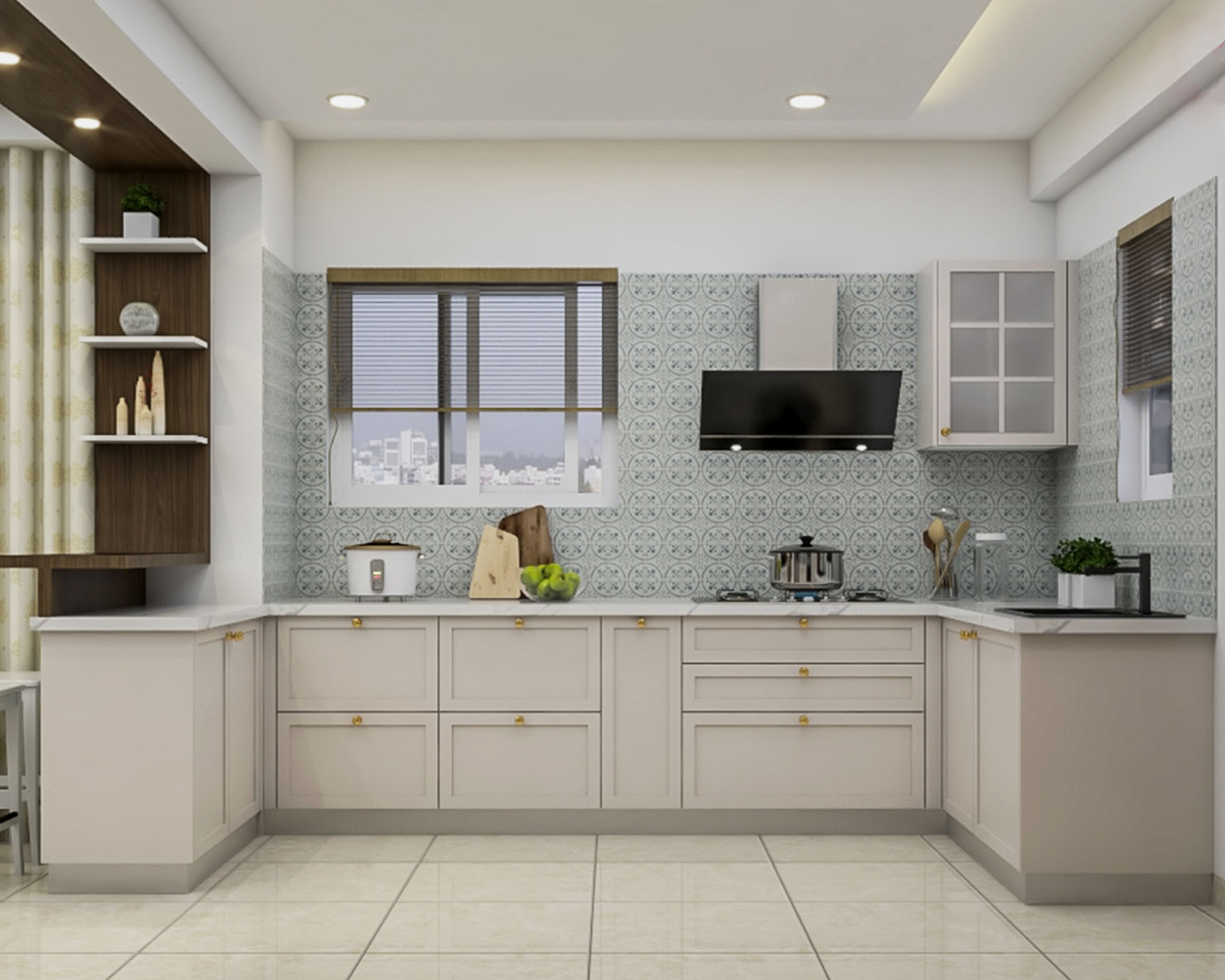 Classic Champagne-Toned Modular Open Kitchen Cabinet Design With Blue And White Moroccan Backsplash