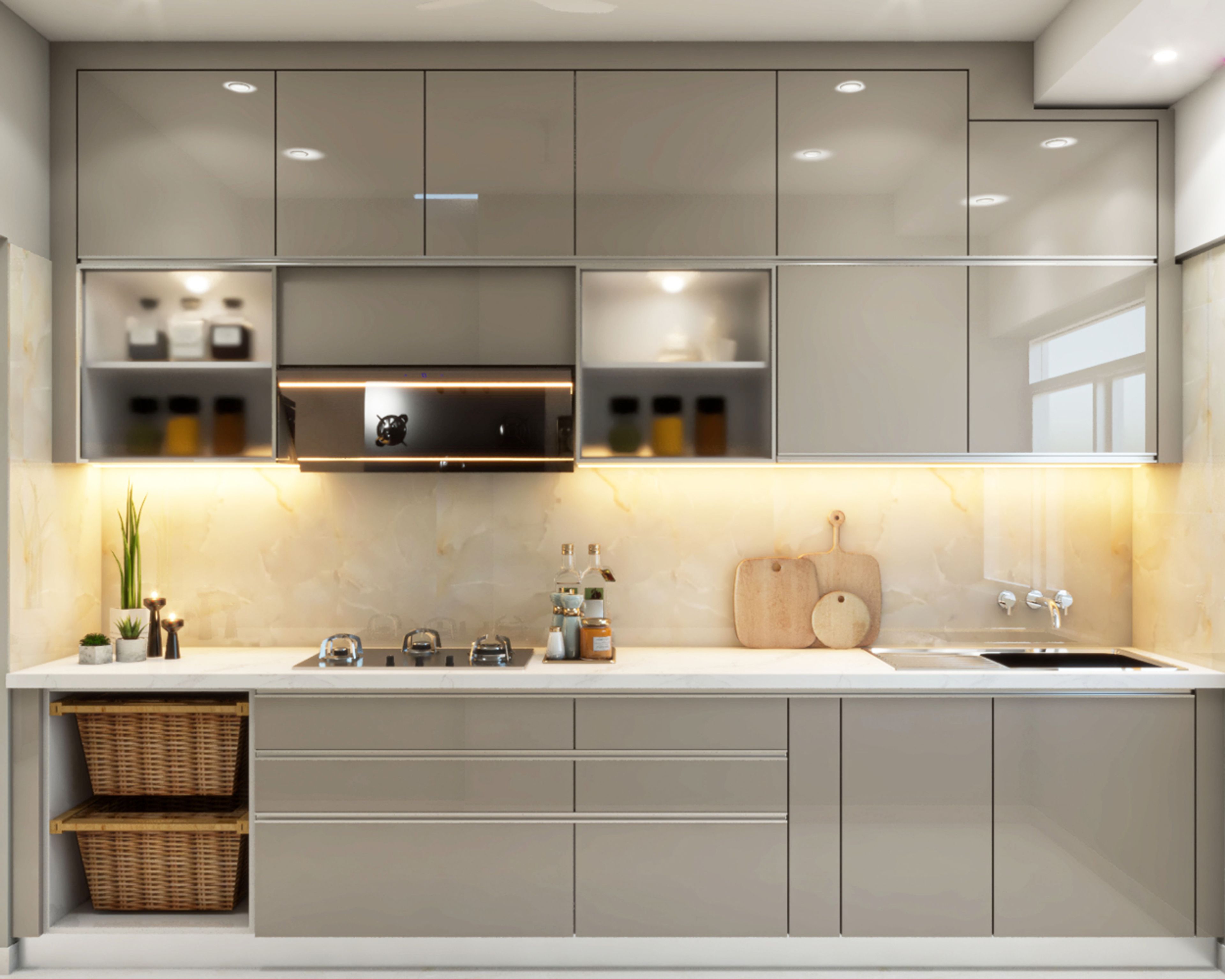 Contemporary Dove Grey Modular Parallel Kitchen Design With Glossy Finish