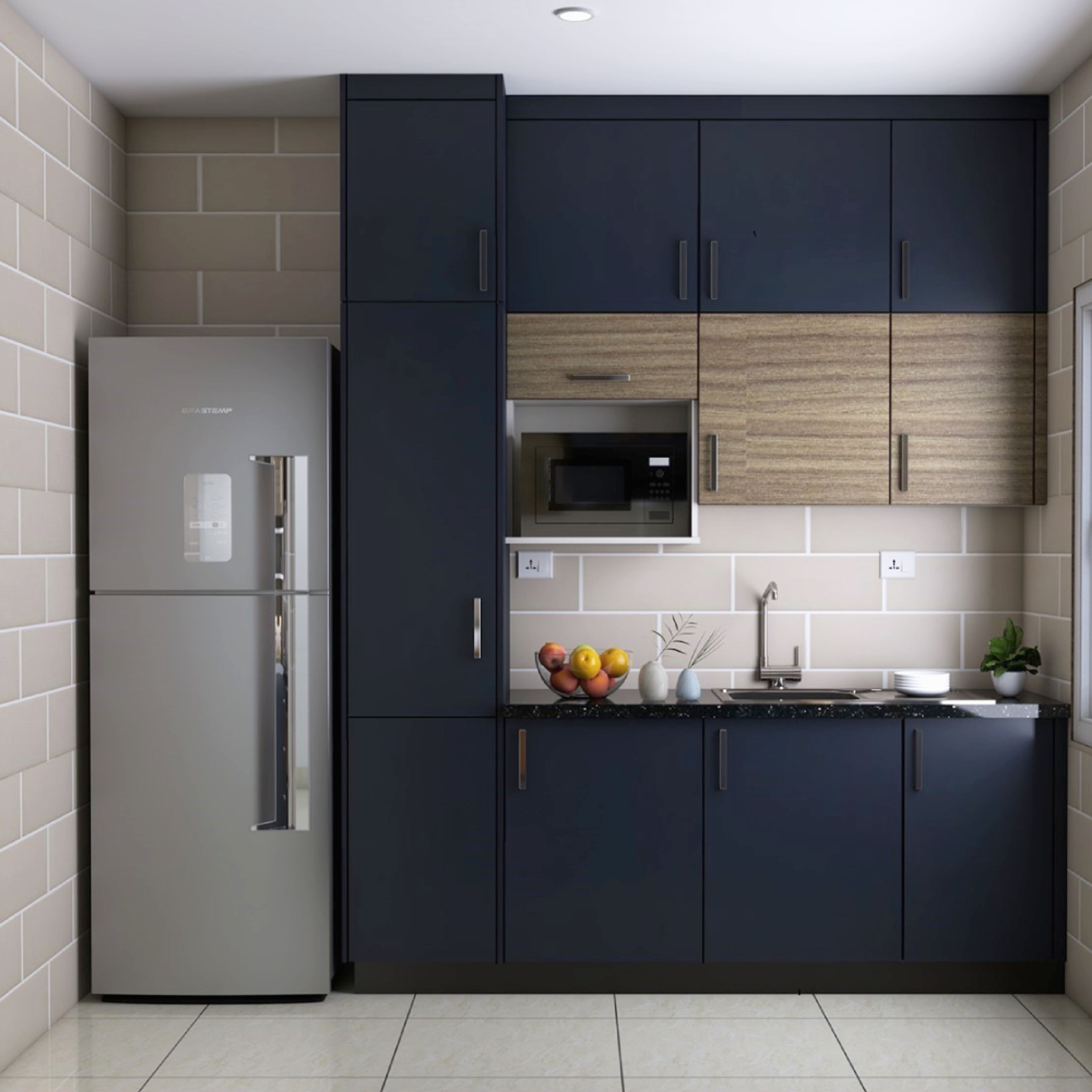Dark Blue And Wood Modular Kitchen Design With Refrigerator And Beige Subway Dado Tiles - Livspace