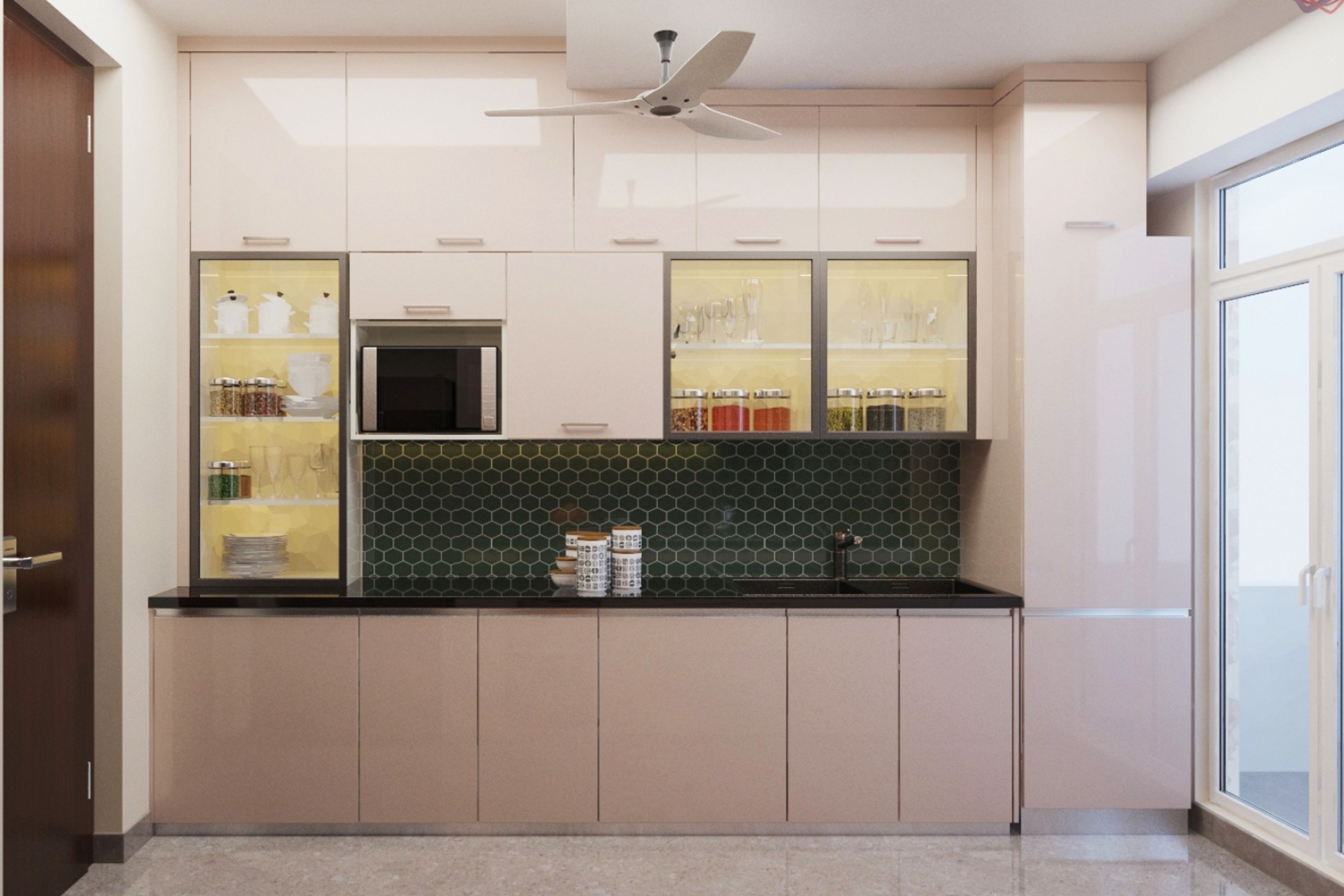 Modular Parallel Sand-Satin Kitchen Design With Glass Storage - Livspace