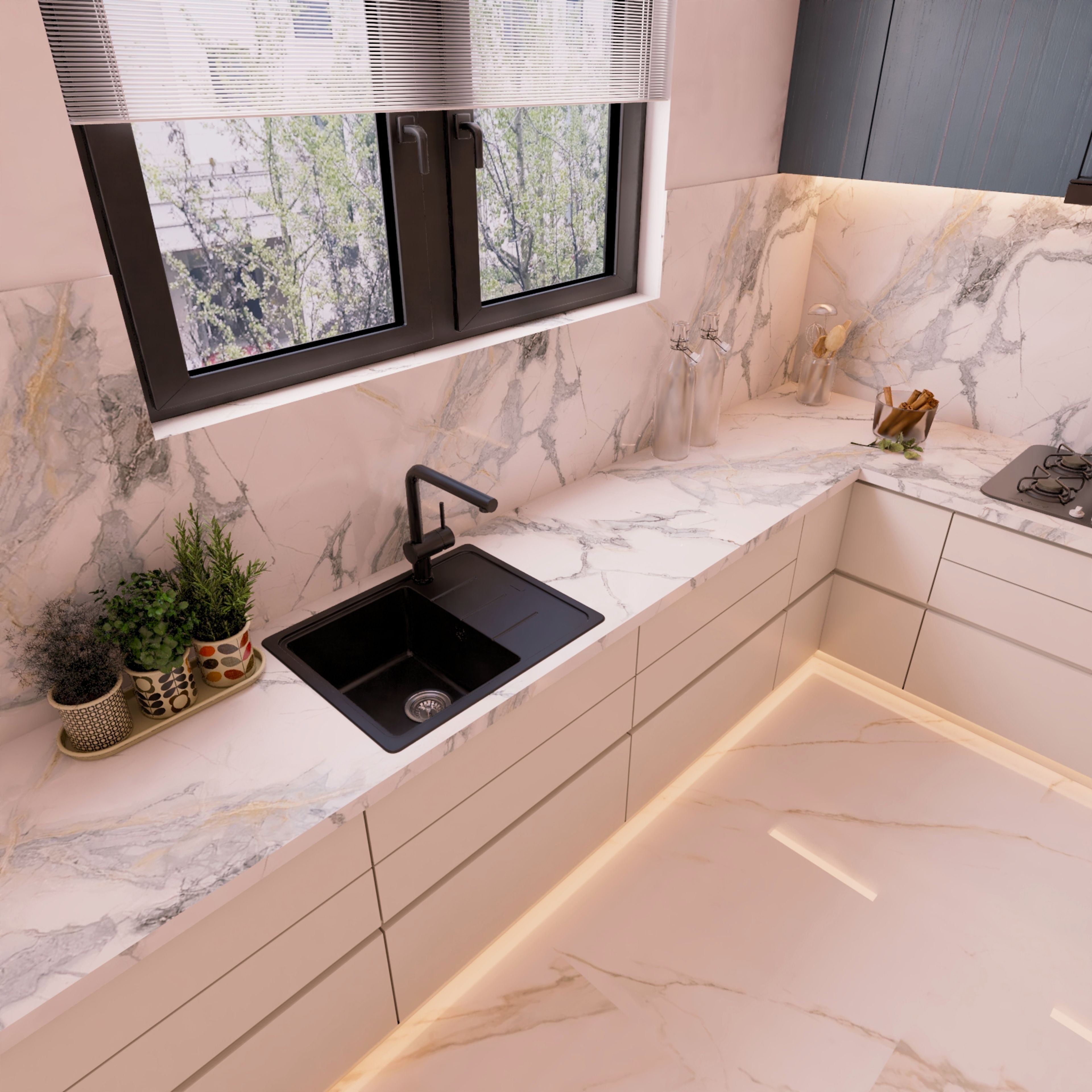 Contemporary Top Mount Black Quartz Basin Wash With Drainboard