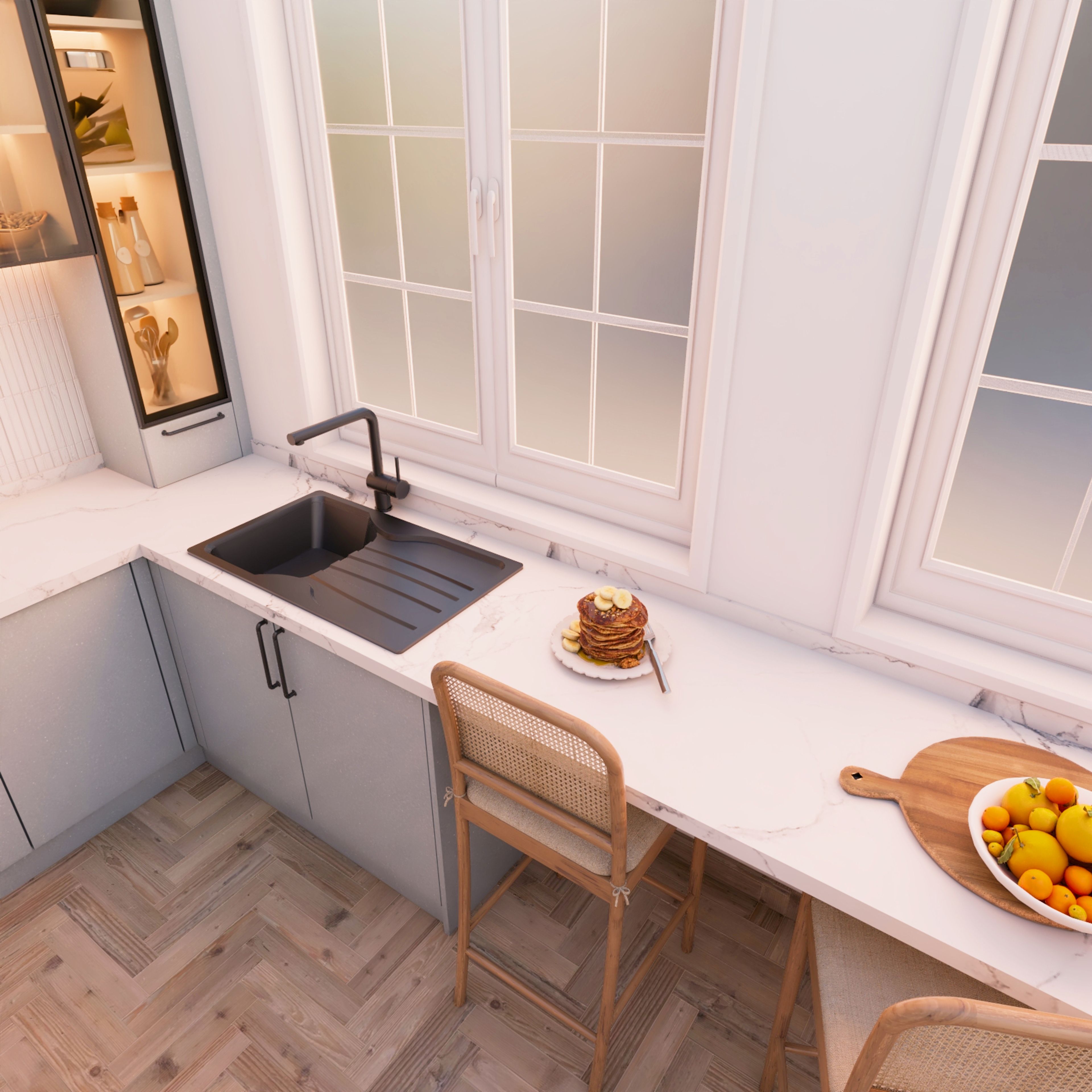 Modern Black Quartz Top Mount Single Bowl Basin Wash With Drainboard