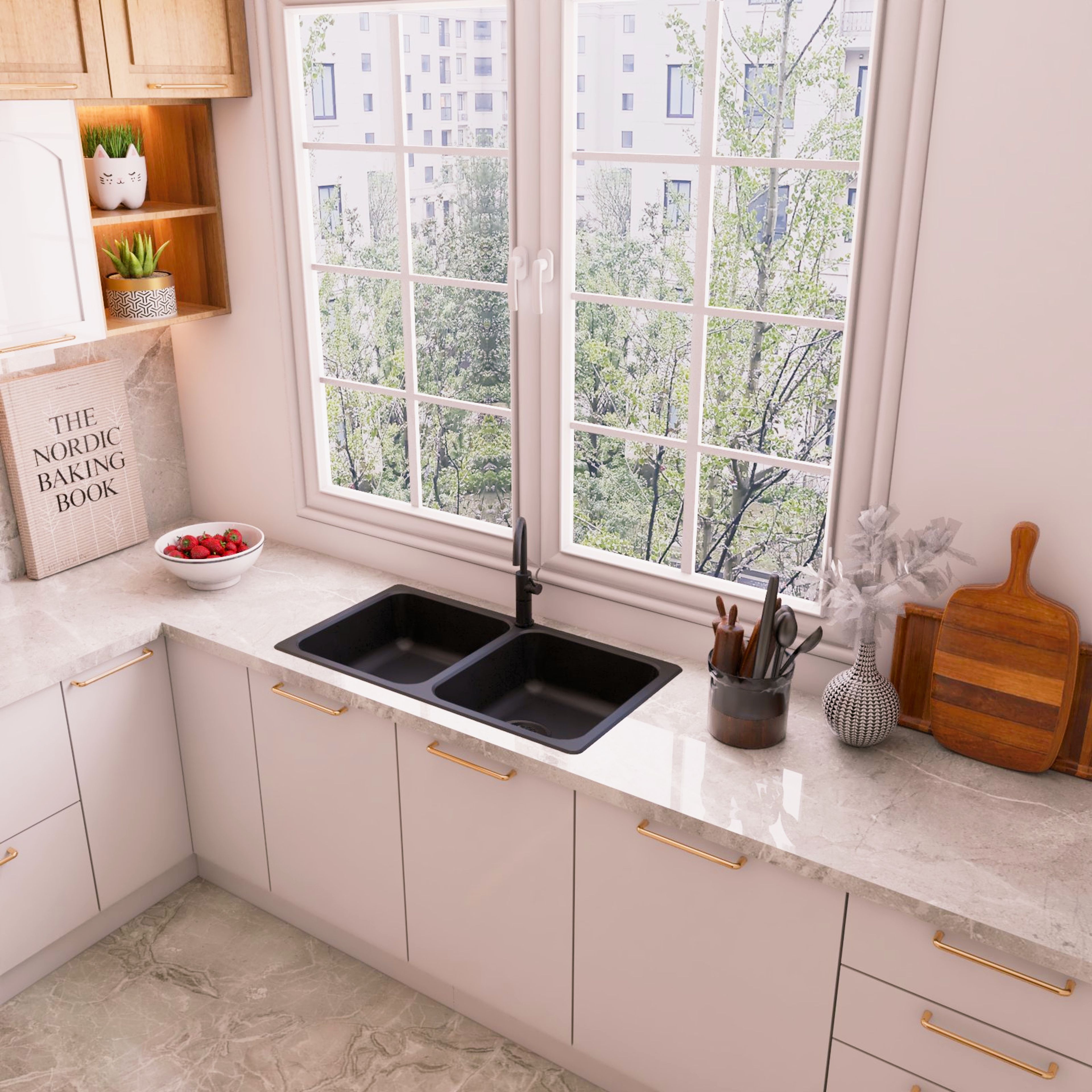 Contemporary Black Quartz Top Mount Double Kitchen Sink