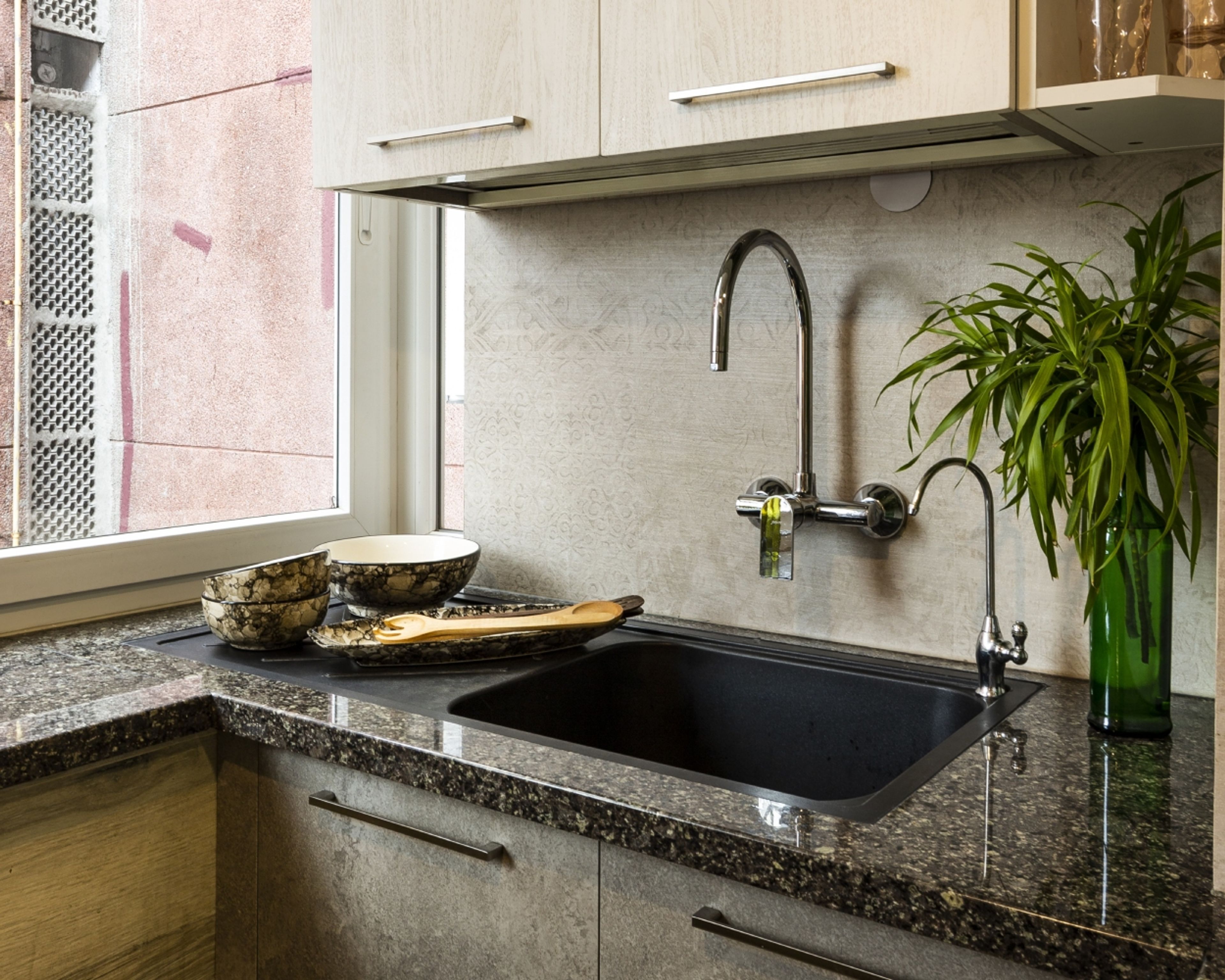 Contemporary Black Granite Undermount Basin Wash With Drainboard