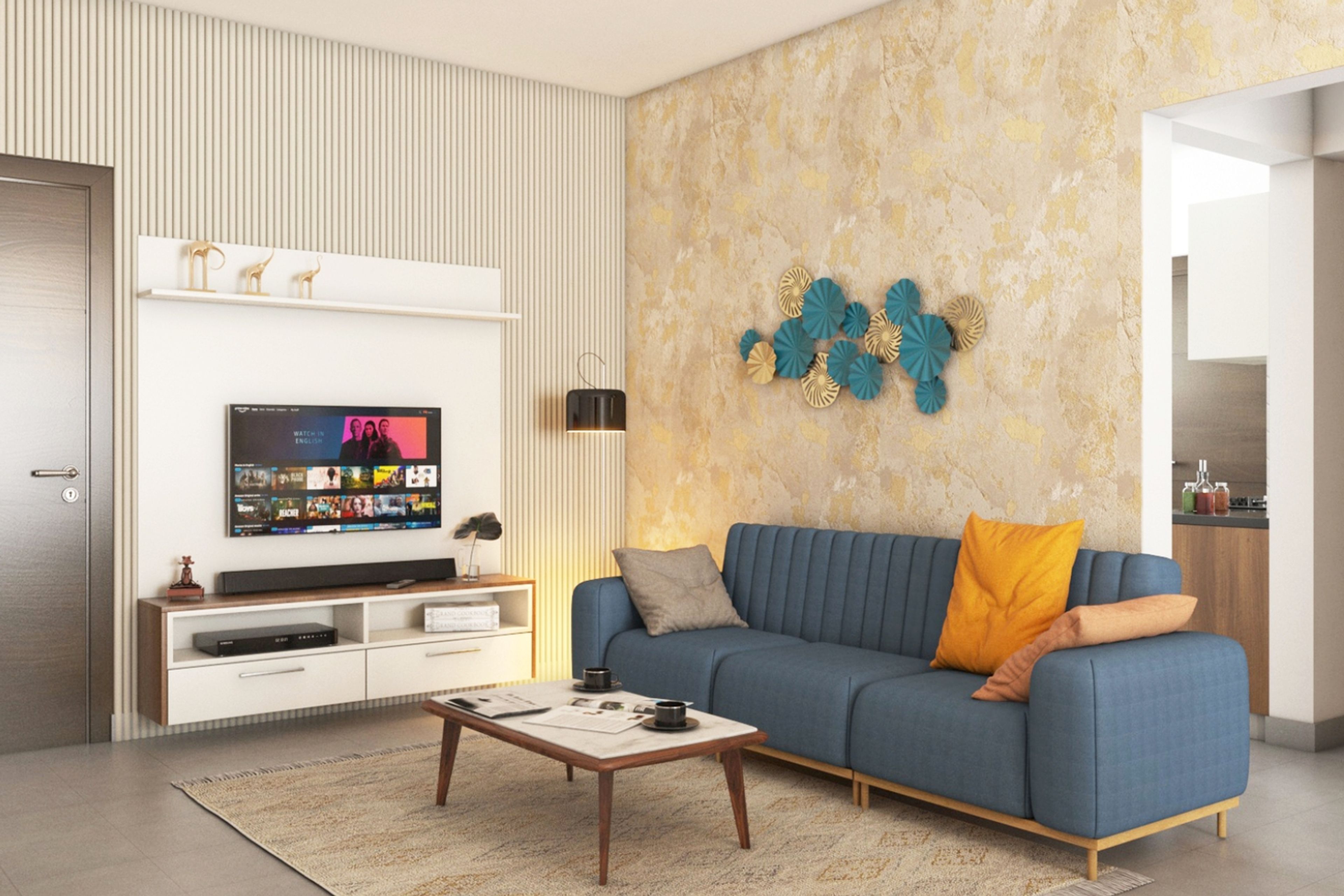 Living Room Design With White-Wood TV Console, White-Wood Rectangular Coffee Table, Blue Sofa And Gold-Beige Patterned Wallpaper - Livspace