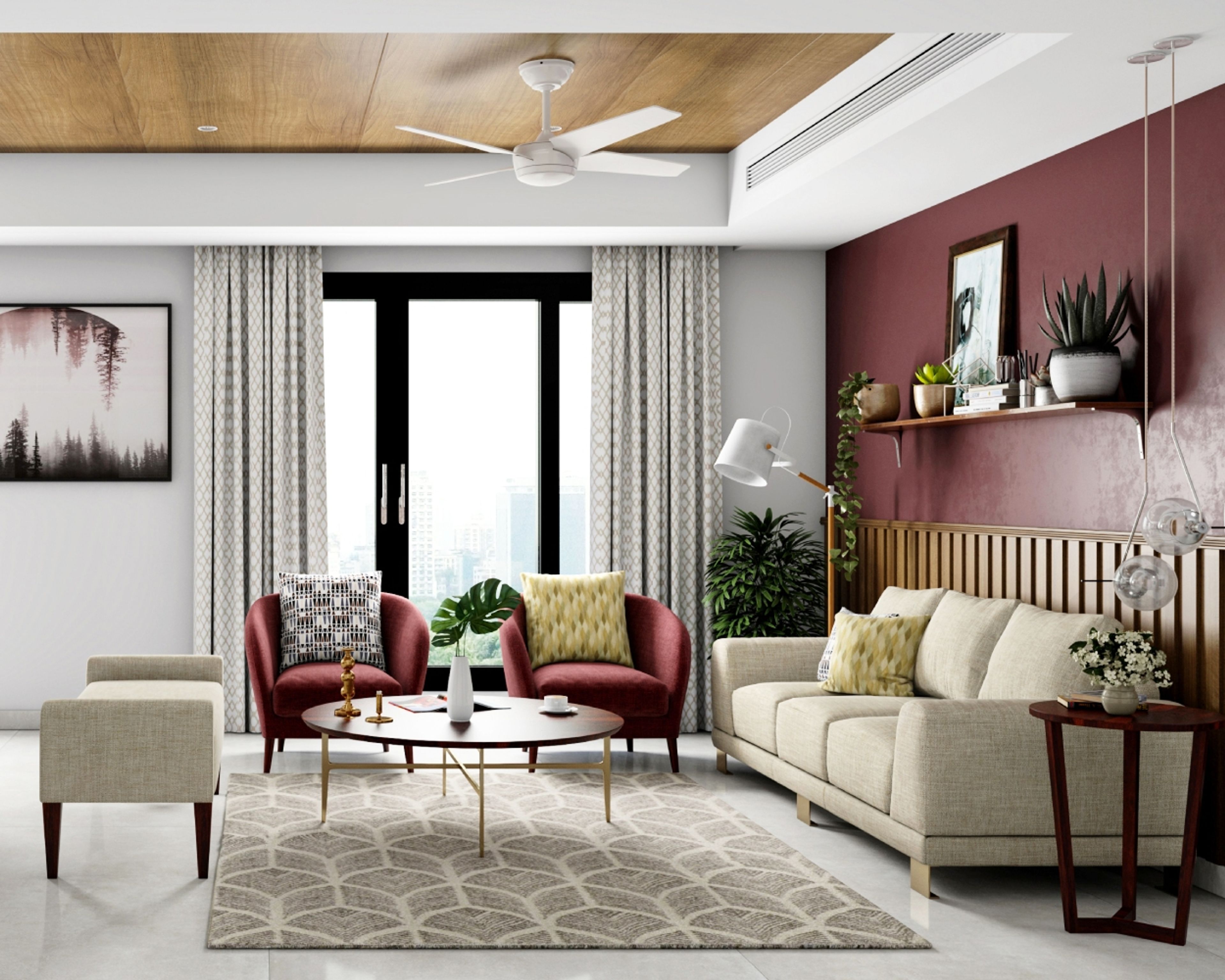 Spacious Living Room Design With Beige 3-Seater Sofa, Two Maroon Accent Chairs, Beige Seater, Wooden Coffee Table And Maroon Accent Wall - Livspace