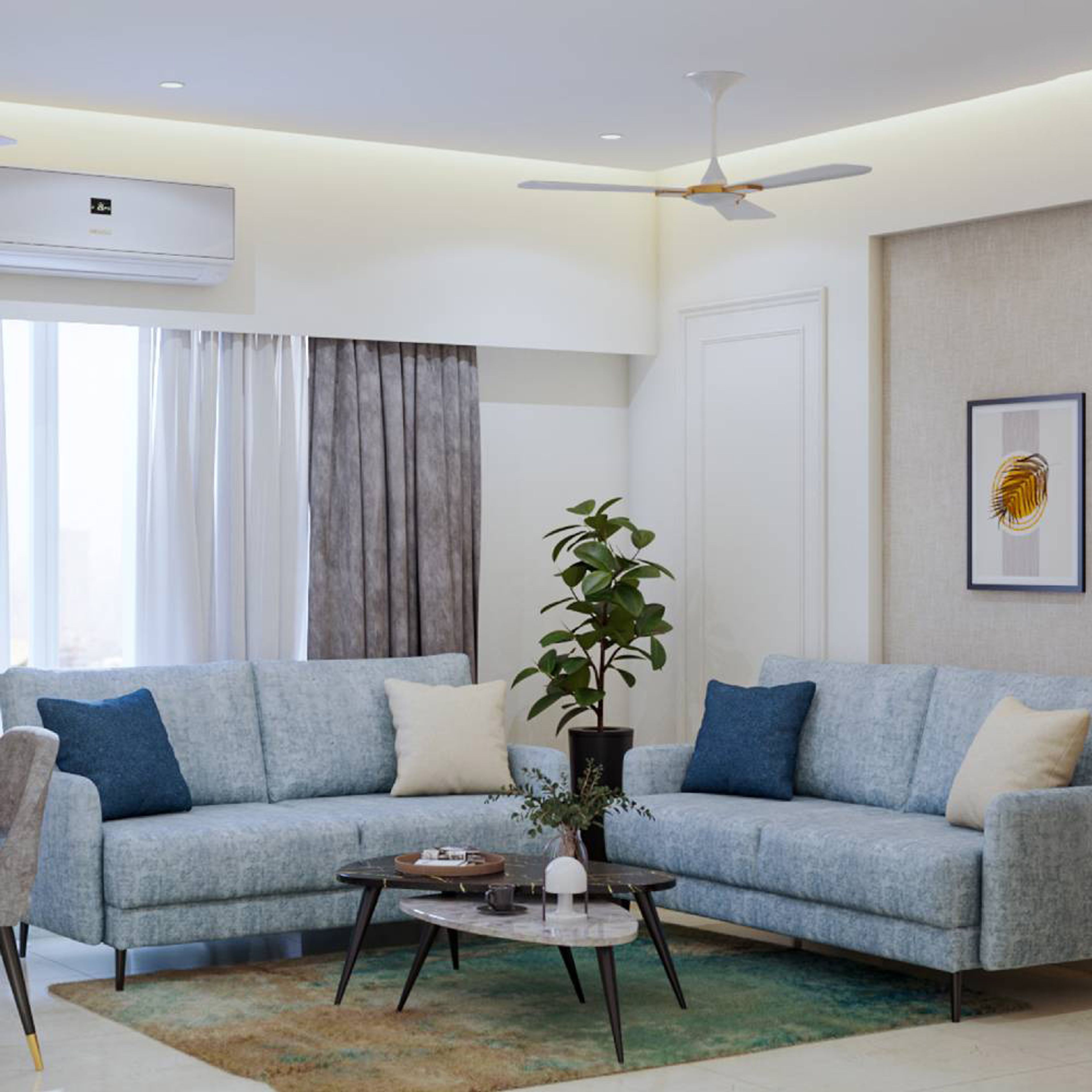 Modern Living Room Design with Light Blue Textured Sofa - Livspace