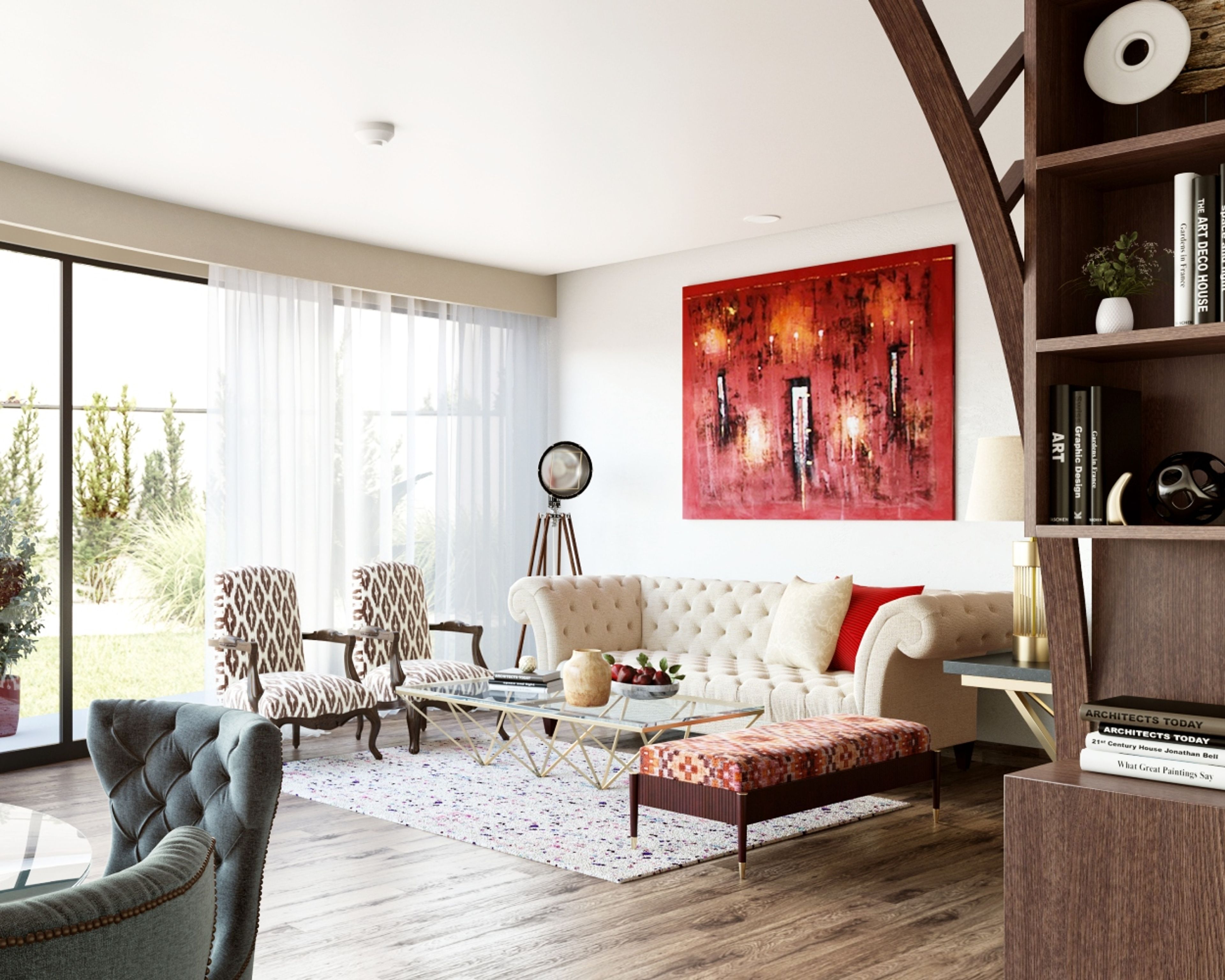 Living Room Design With Cream-Toned Tuxedo Sofa, Patterned Accent Chairs And Seater, Glass Coffee Table And Red Abstract Wall Art - Livspace