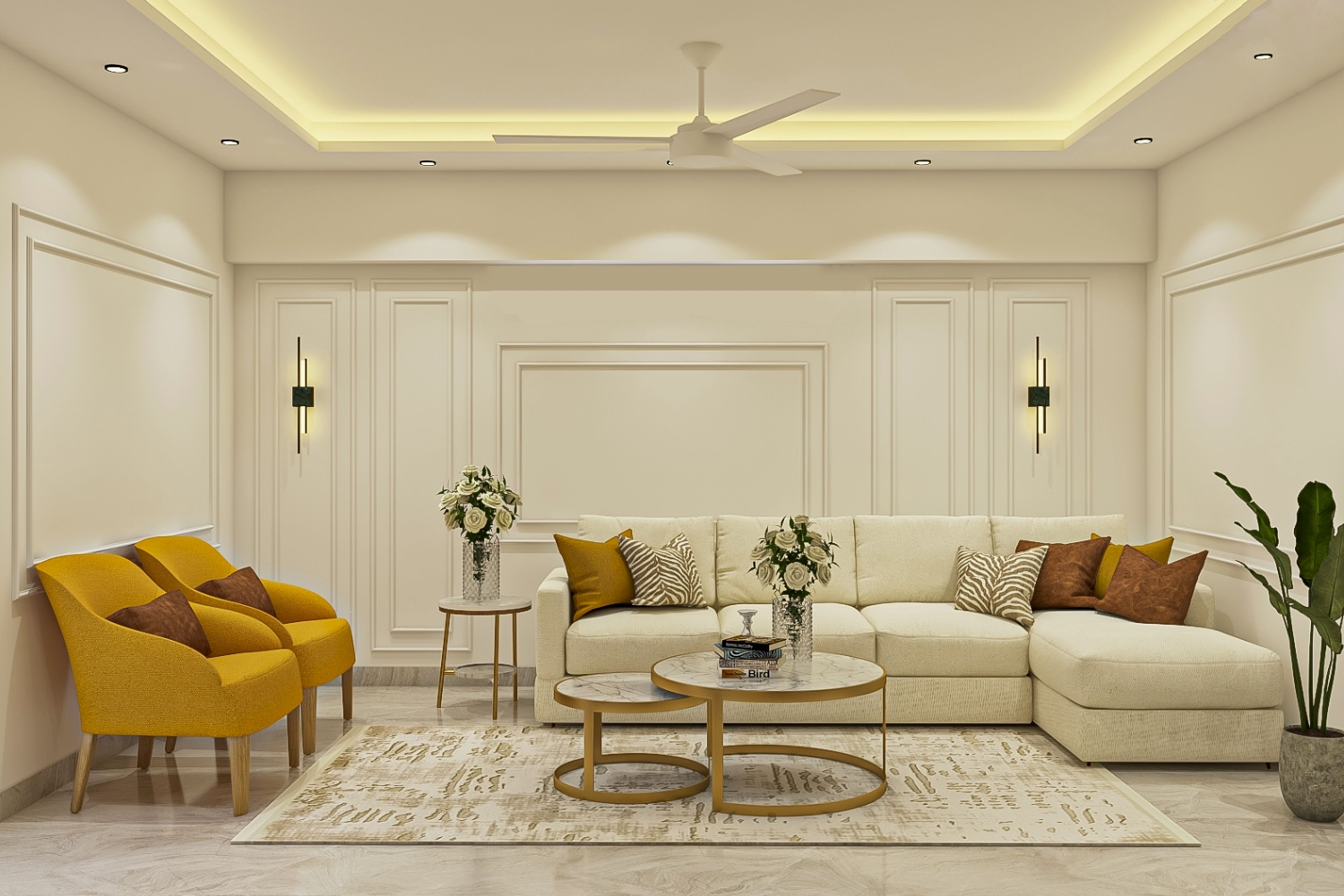 Living Room Design With Modern Off-White Sectional Sofa, Yellow Accent Chairs, Marble Coffee Tables And Off-White Wall Paint With Trims - Livspace
