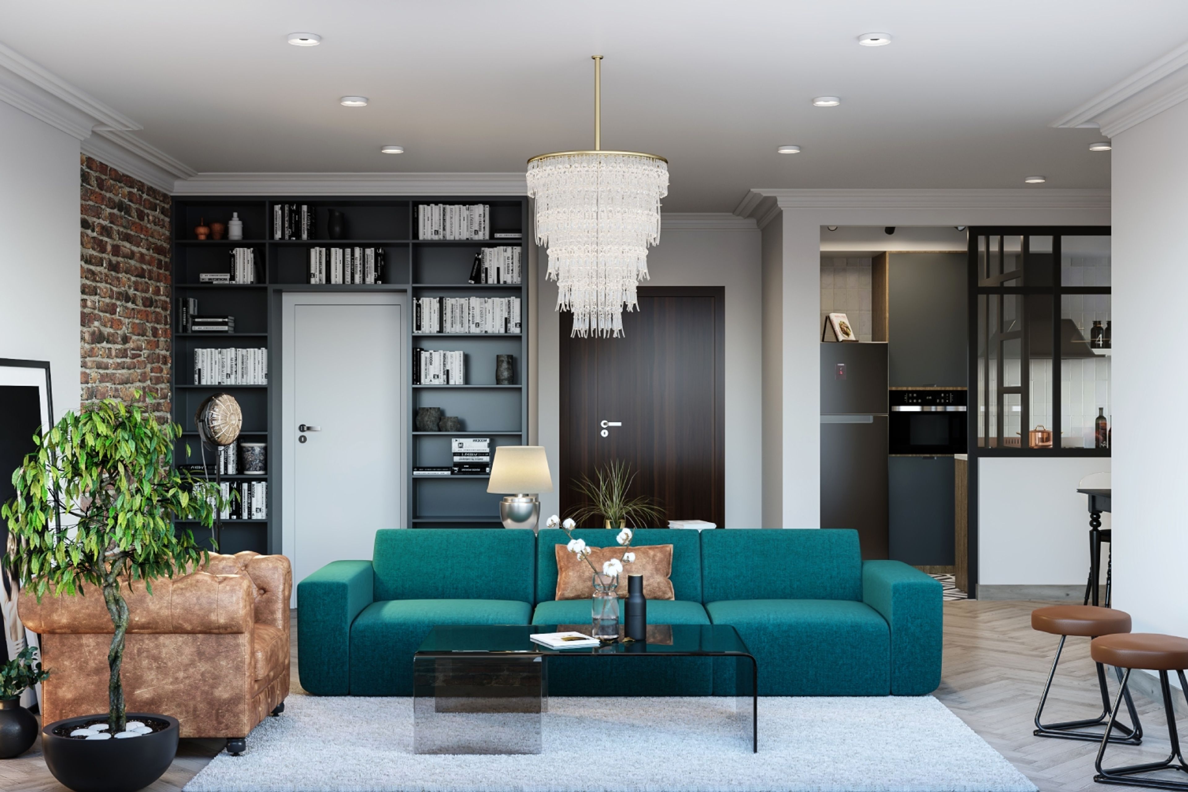Living Room Design With Turquoise Sofa, Light Brown Leather Accent Chair, Black Open Bookshelf And Glass Coffee Table - Livspace
