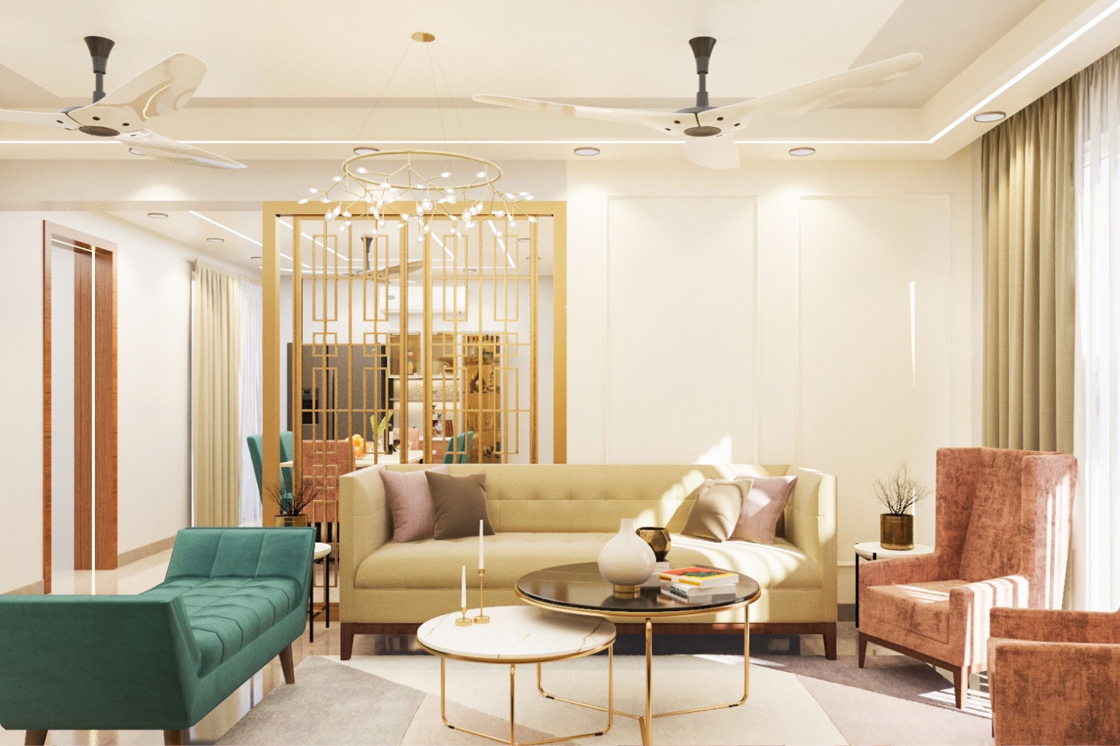 Living Room Design With Spacious Beige Sofa, Sea-Green Seater, Brown Accent Chairs, Dual-Toned Coffee Table And Gold Partition - Livspace