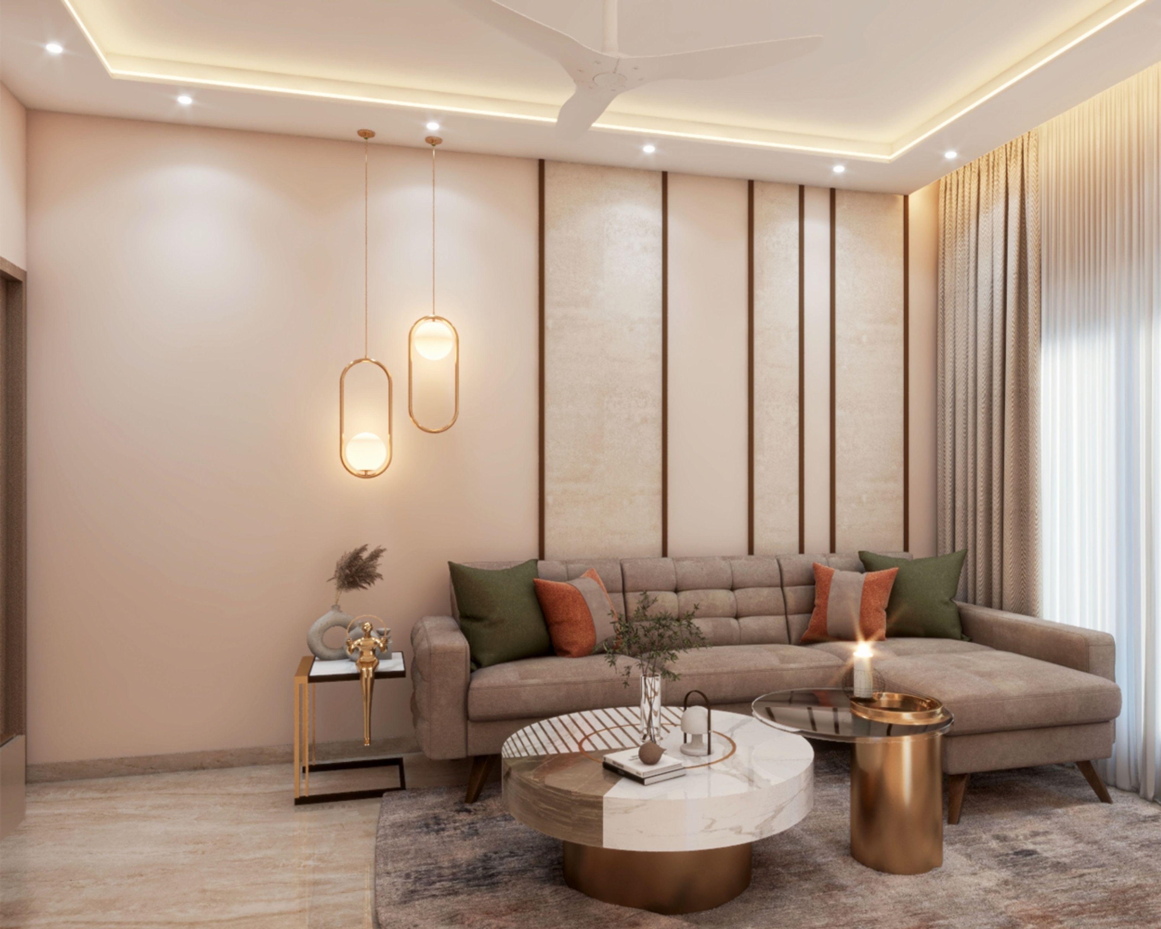 Beige Living Room Design With L-Shaped Sectional Sofa, Circular Coffee Tables, Beige Accent Wall And Wooden Panels - Livspace