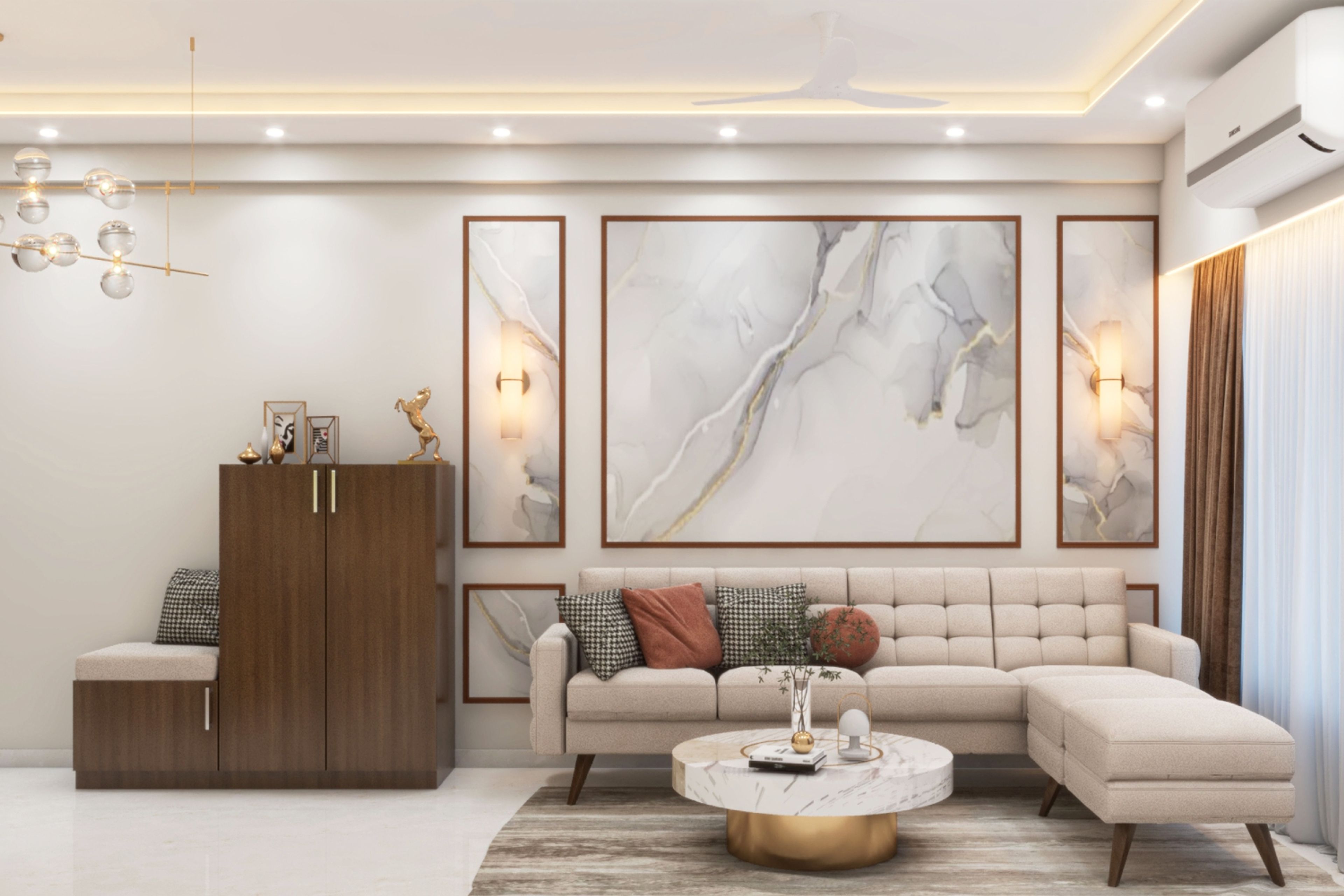 Living Room Design With Off-White L-Shaped Sectional Sofa, Wooden Stepped Cabinet Storage And Marble Wall Decor - Livspace