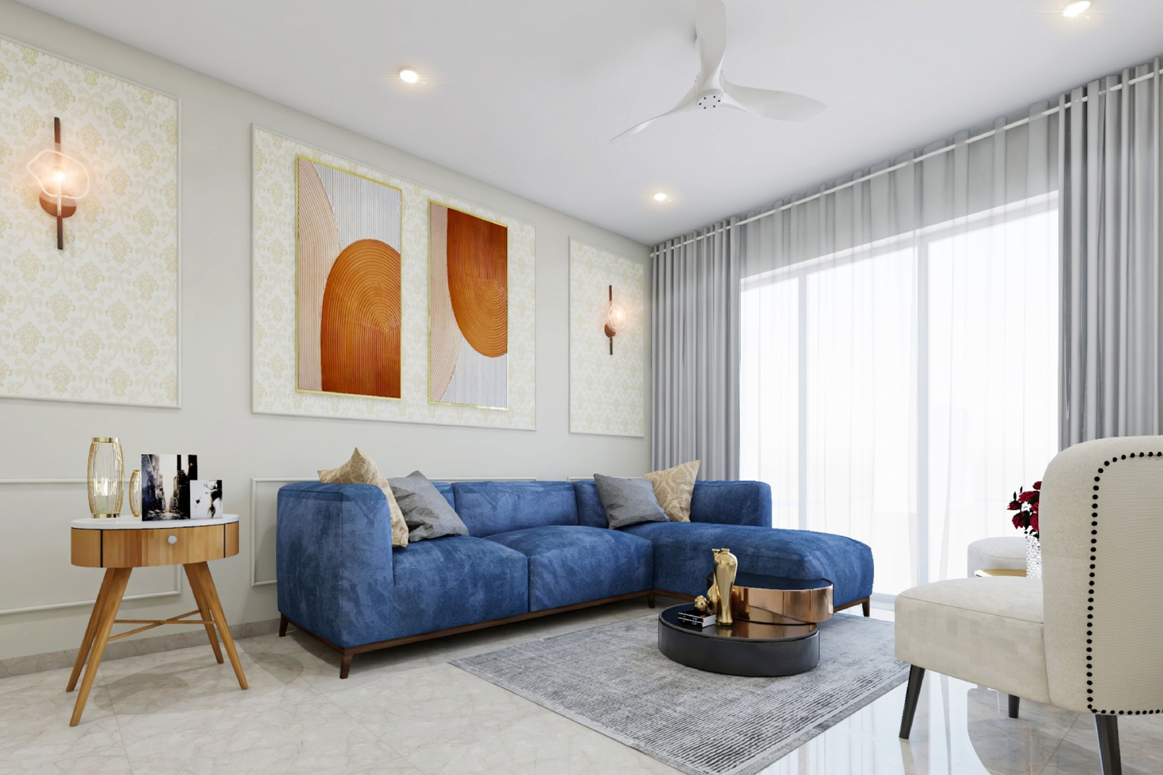 Beige Living Room Design With Blue Sectional Sofa, White Accent Chair, Abstract Dual Coffee Table And Damask Wallpaper Panels With Art Work - Livspace