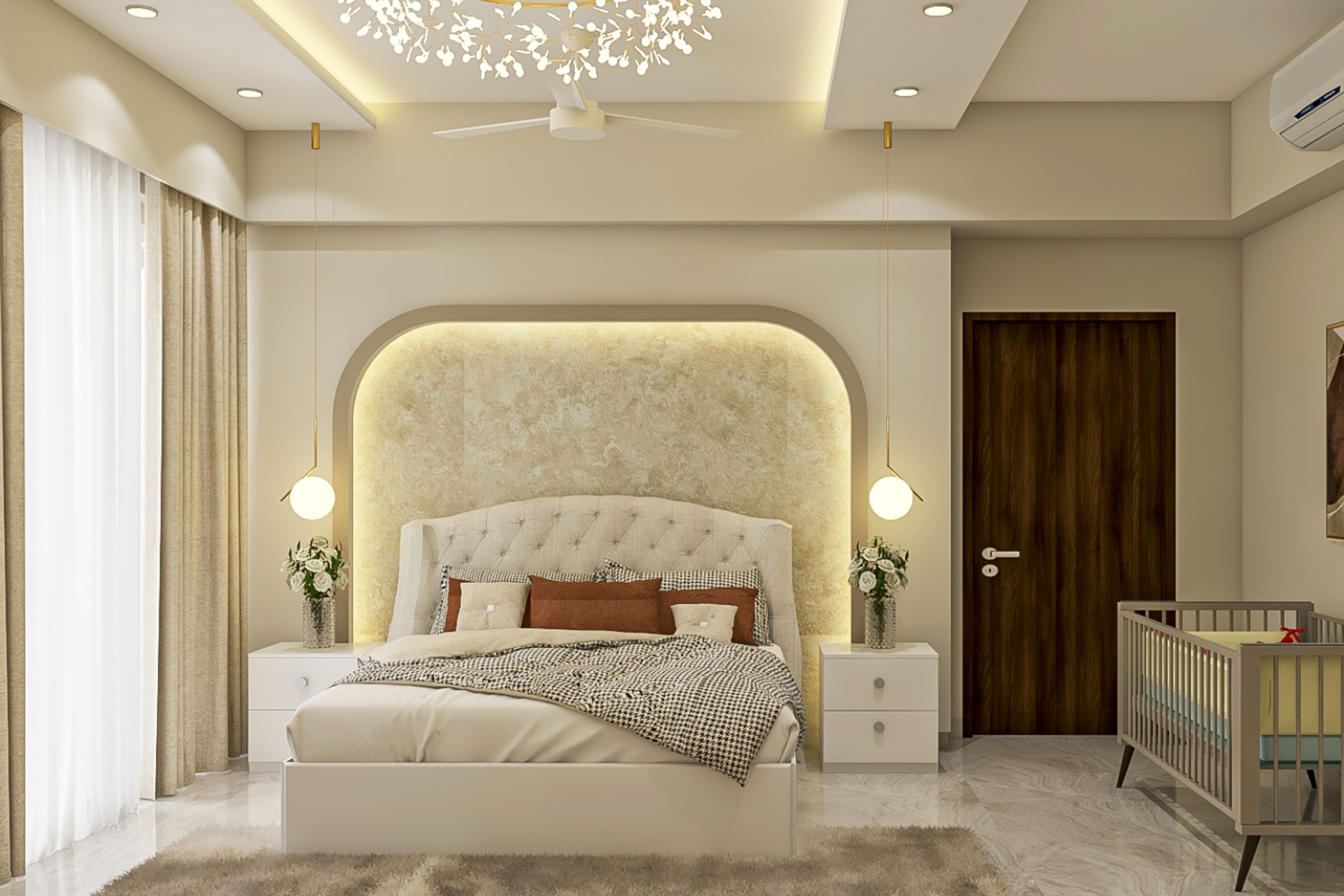 Contemporary Master Bedroom Design with Beige Tufted Headboard, White Side Tables, and Patterned Wallpaper - Livspace