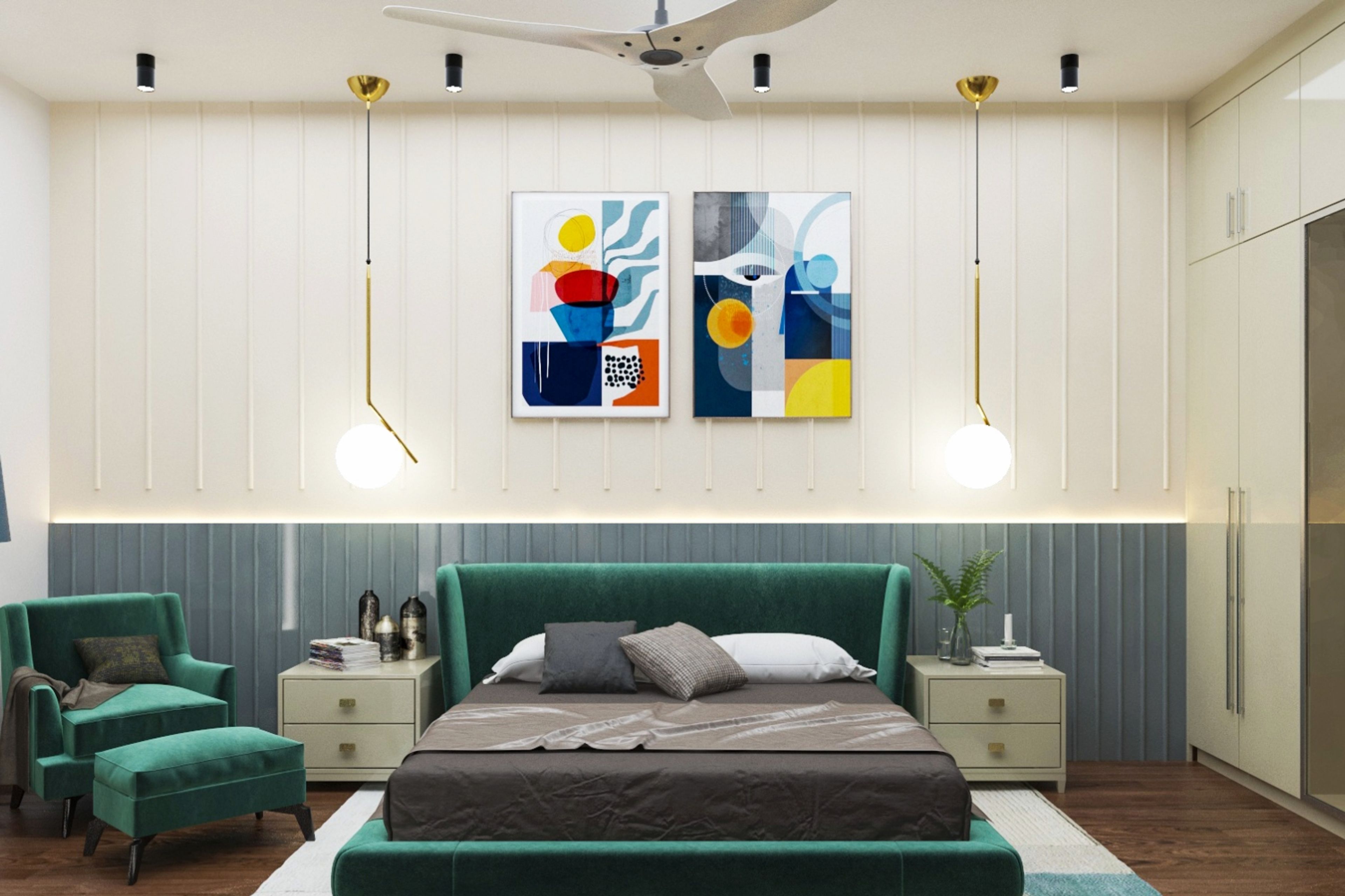 Contemporary Emerald Green Master Bedroom Design With White And Grey Accent Wall