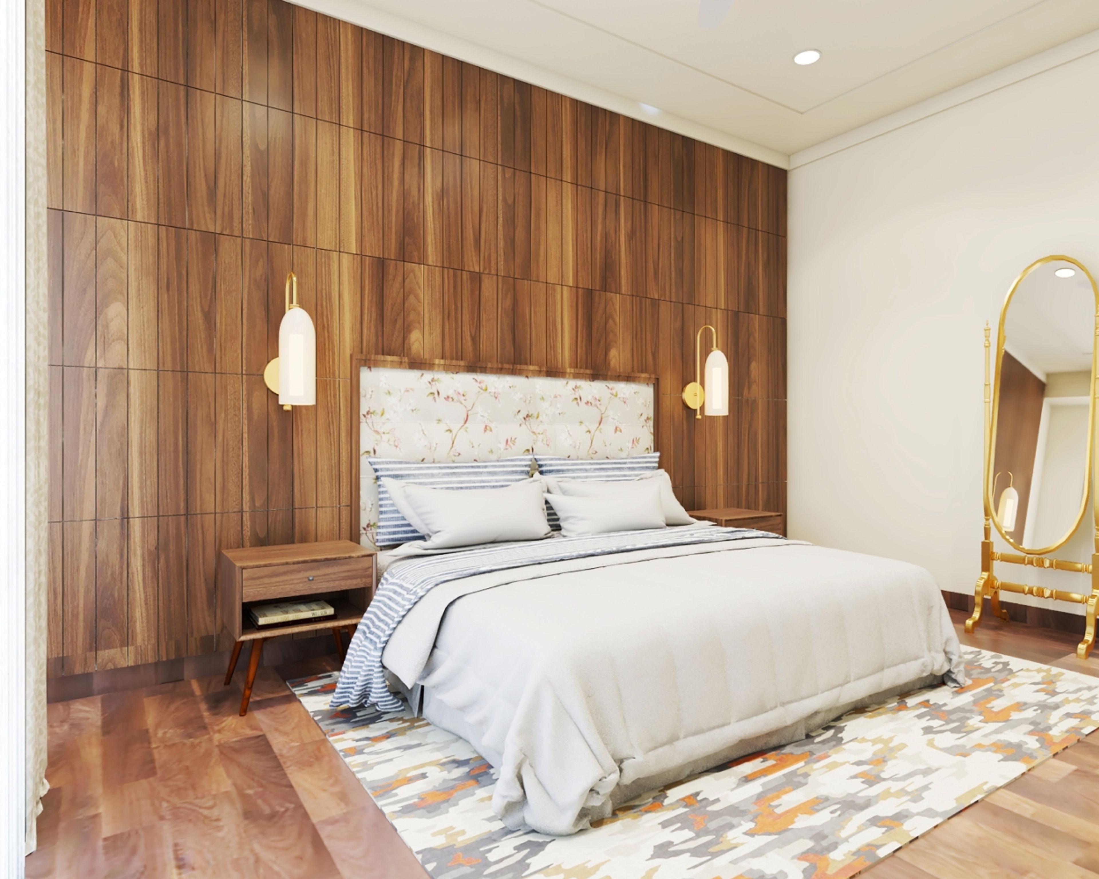 Contemporary Master Bedroom Design With Engraved Floral Headboard And Wooden Accent Wall