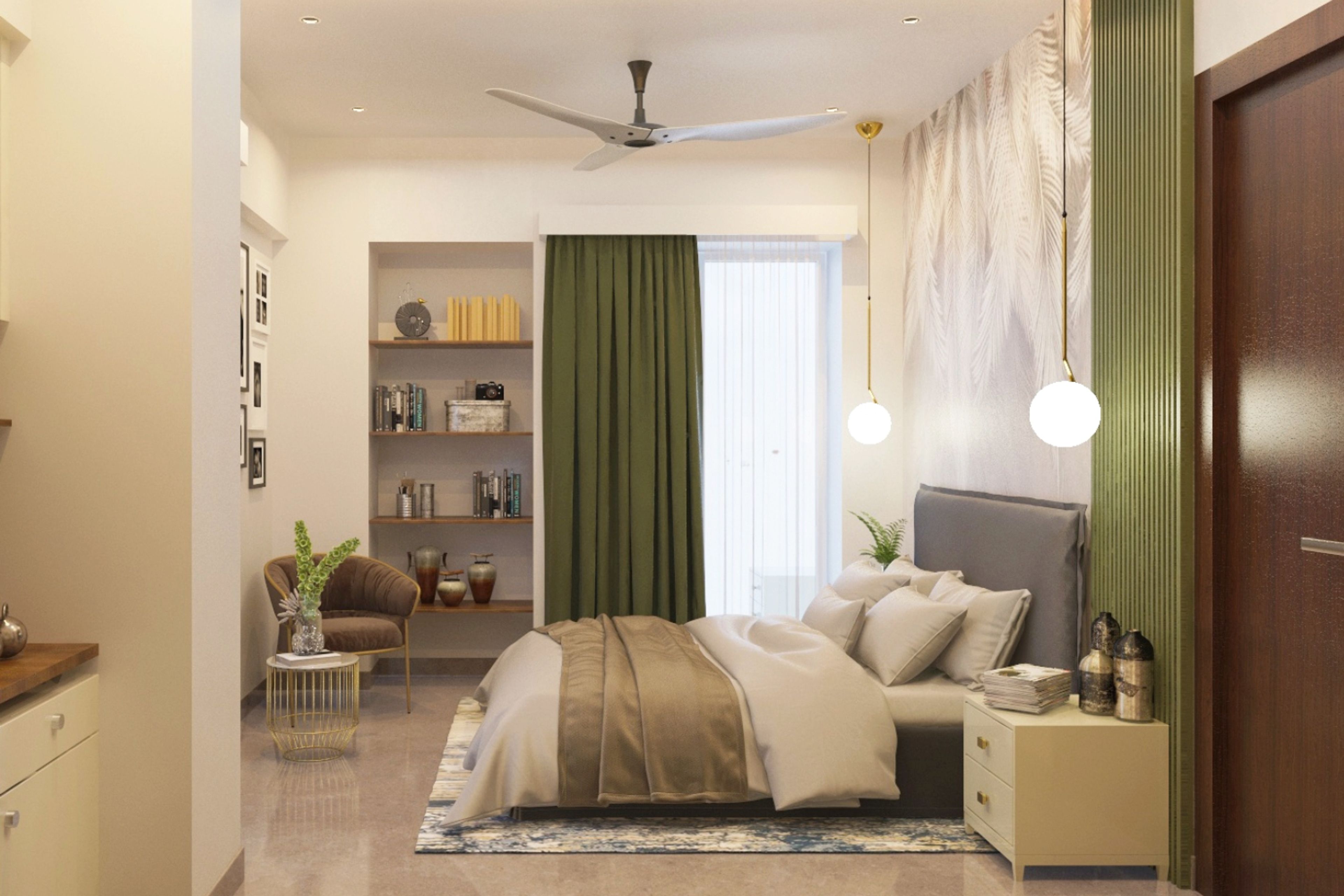 Contemporary Grey and White Master Bedroom Design with Queen-sized Bed, White Side Tables, Brown Accent Chair, and Wall-mounted Wooden Shelves - Livspace