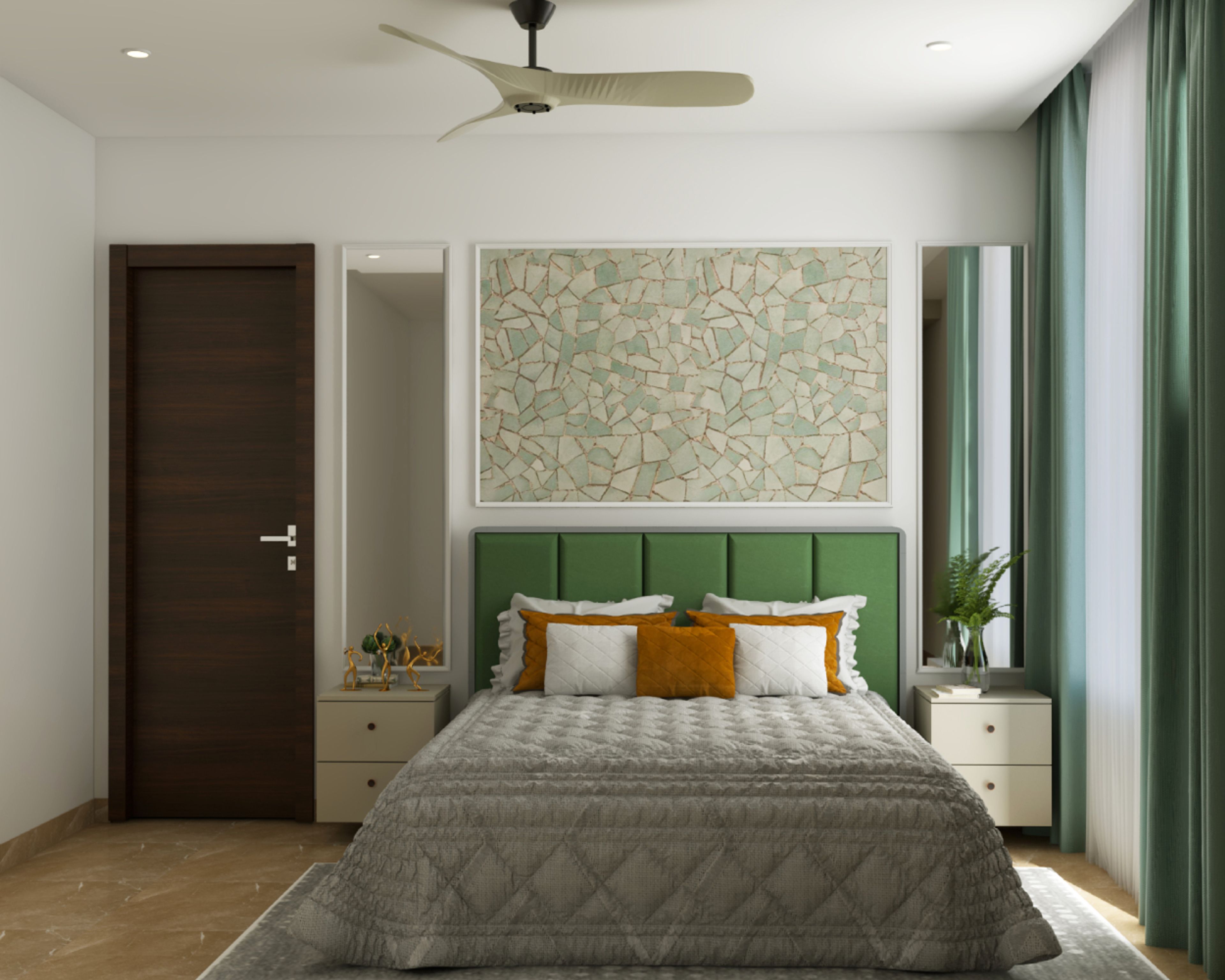 Compact Master Bedroom With Green Headboard, Wall-Mounted Beige Side Tables And Mosaic Wallpaper Within Wall Trims - Livspace