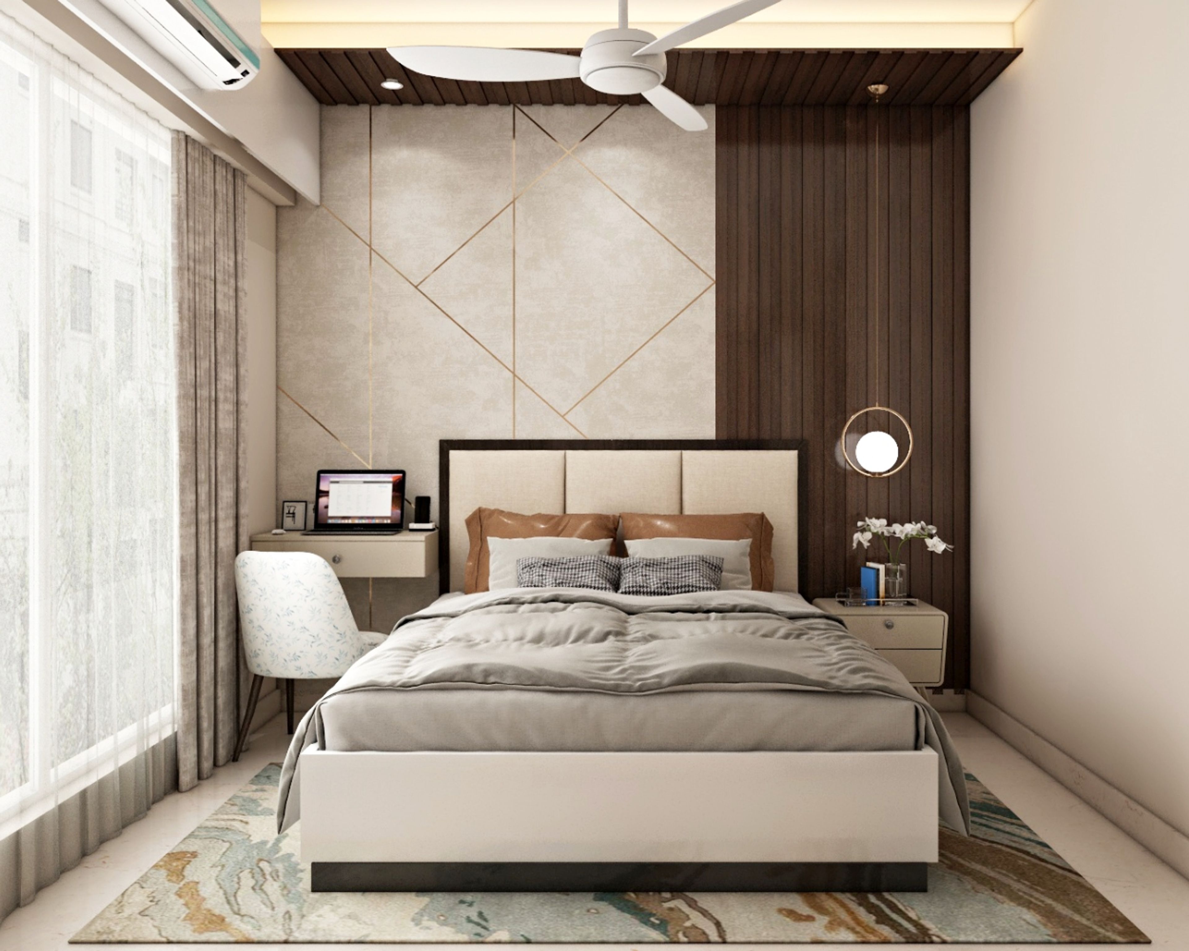 Modern Beige And Wood-Panelled Master Bedroom Design With Textured Paint And Gold Stripes