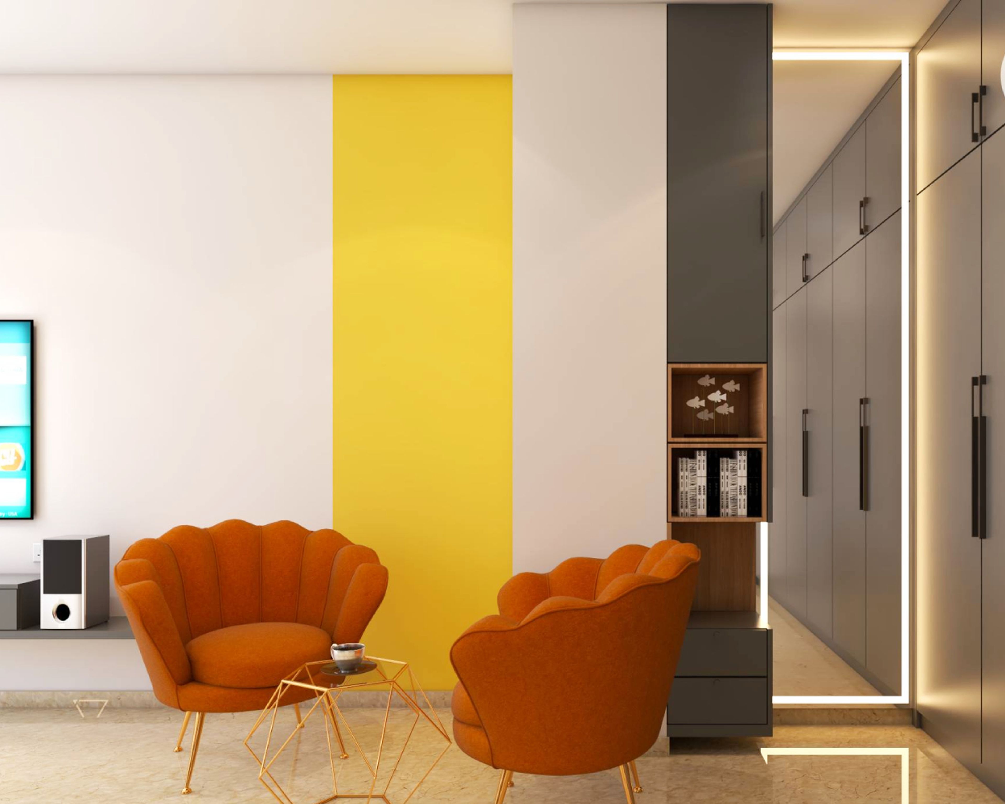 Master Bedroom With 6-Door Grey Swing Wardrobe With Loft Storage, Orange Accent Chairs And Yellow Strip On Accent Wall - Livspace