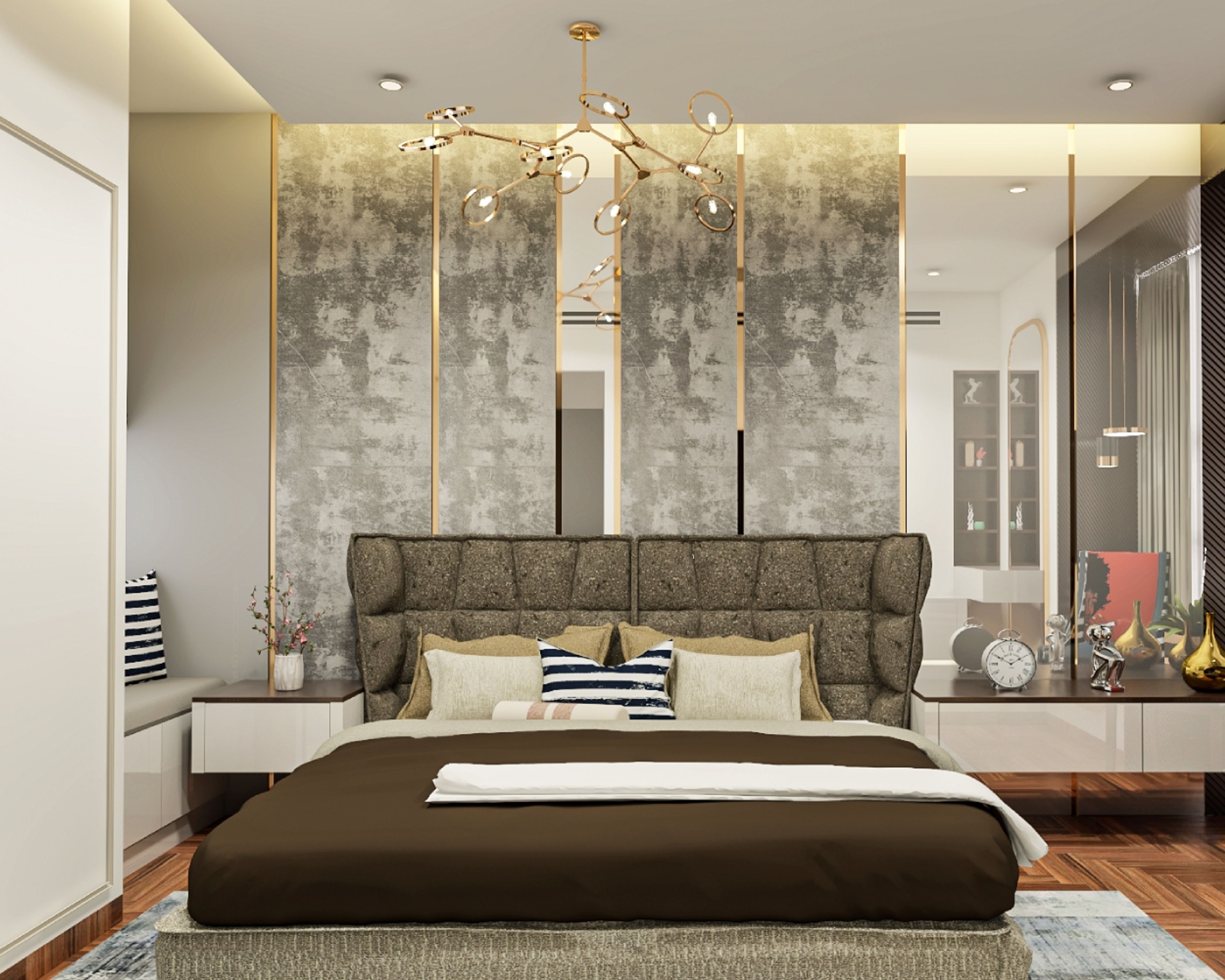 Modern Master Bedroom Design With Textured Grey Panels And Gold Stripes