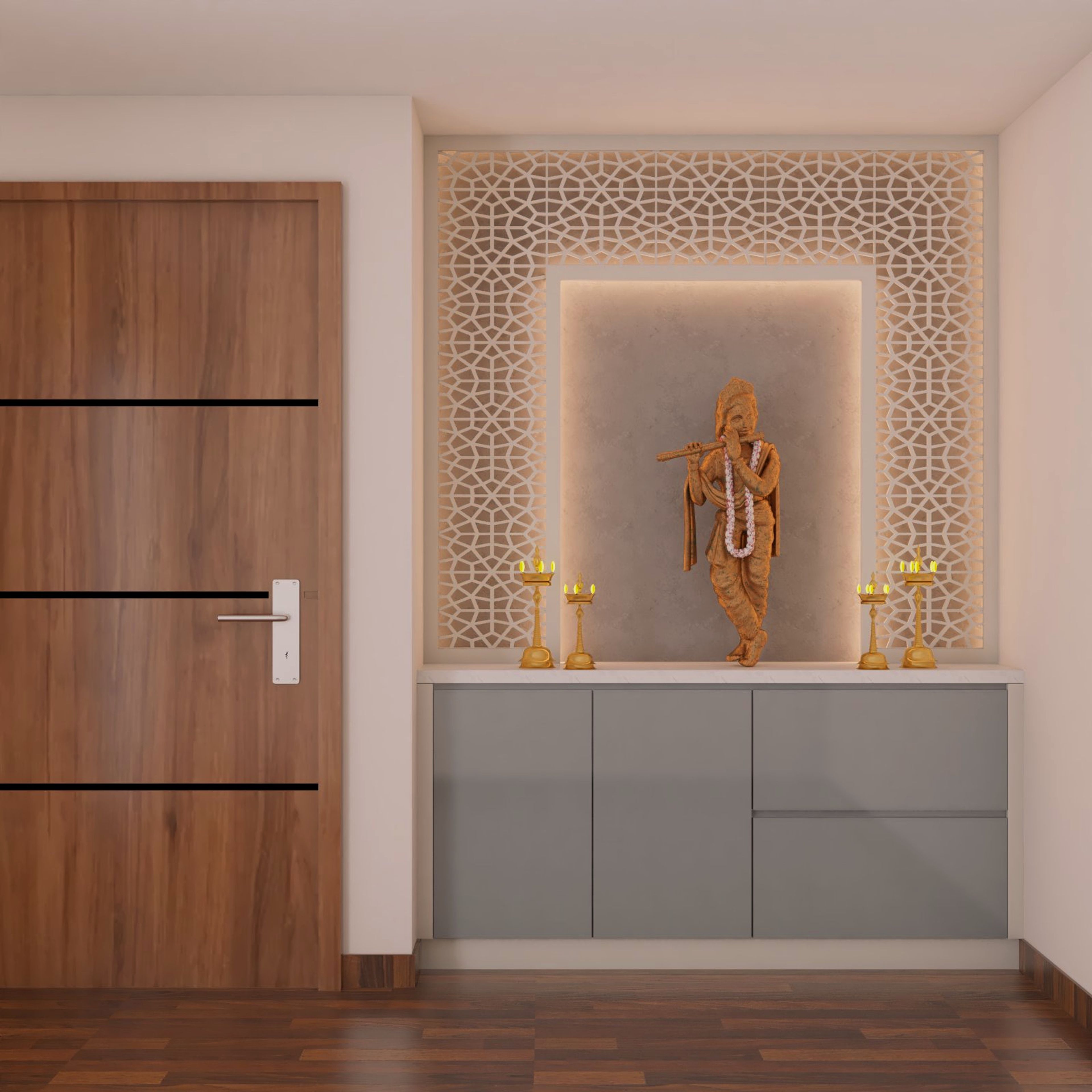 Modern Silver Frost And White Pooja Room Design With White CNC-Cut Back Panel