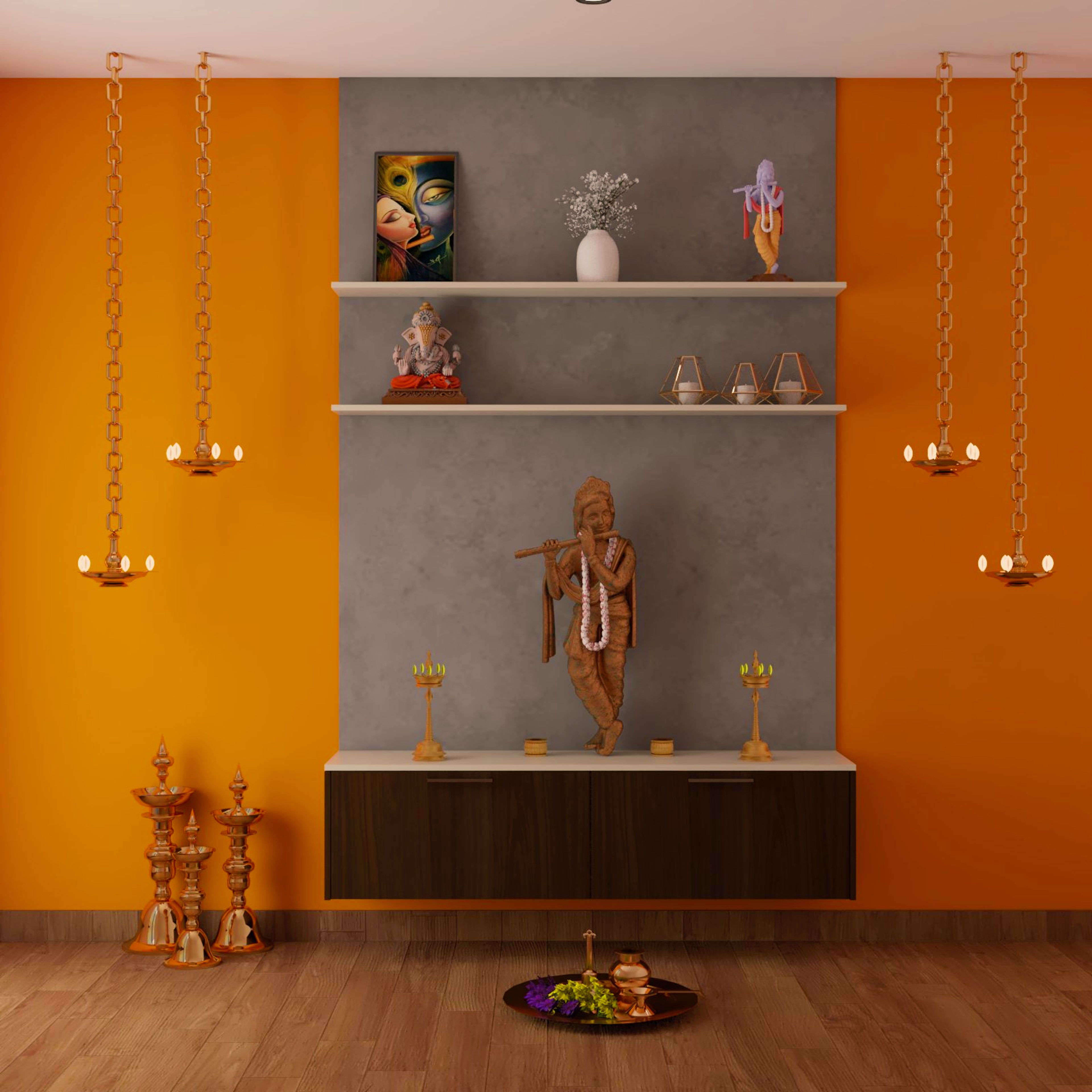 Traditional Pooja Design With Walnut-Toned Wall-Mounted Storage Unit And Mustard Yellow Accent Wall