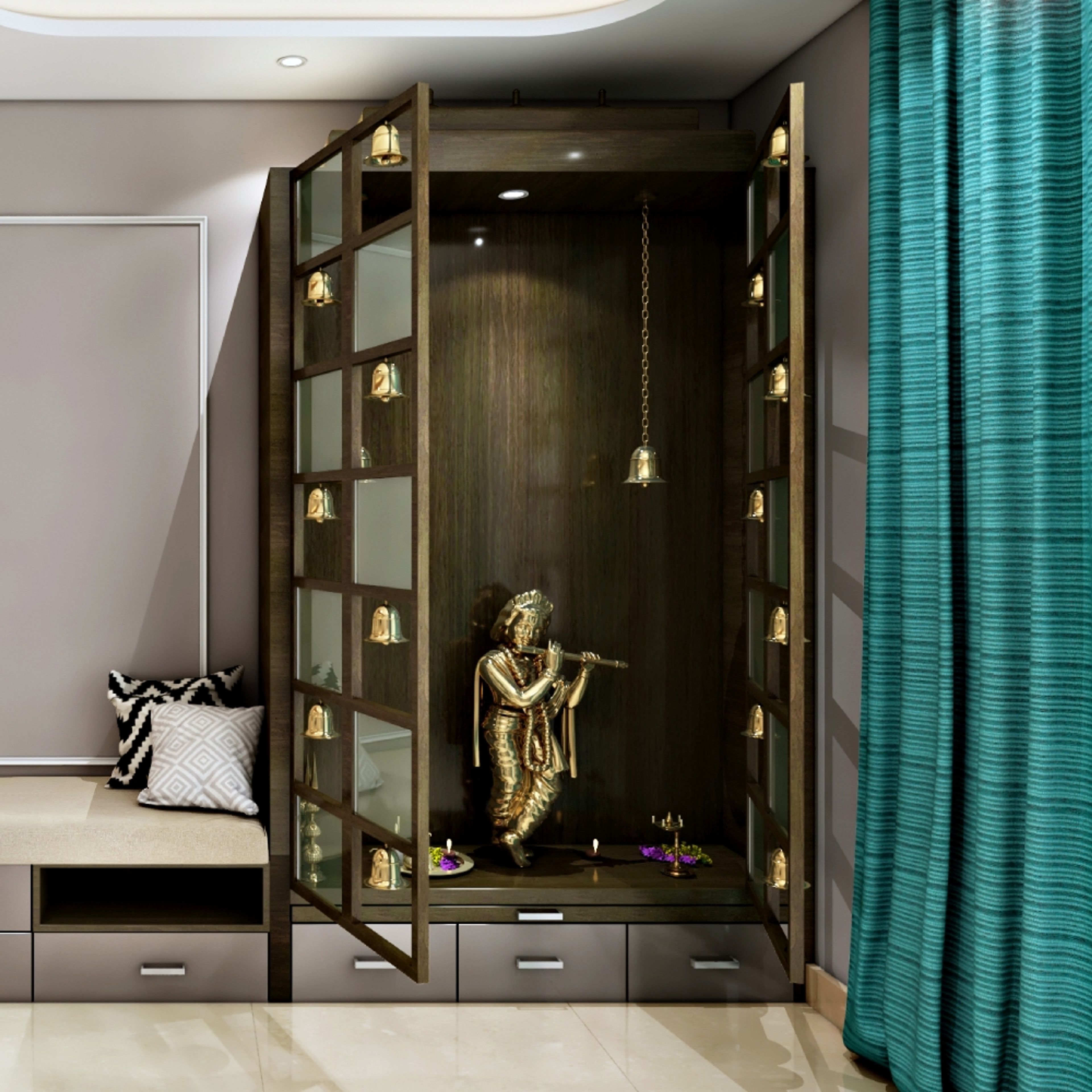 Modern Crescent Acacia Wood Mandir Design with Elegant Wood and Glass Door - Livspace