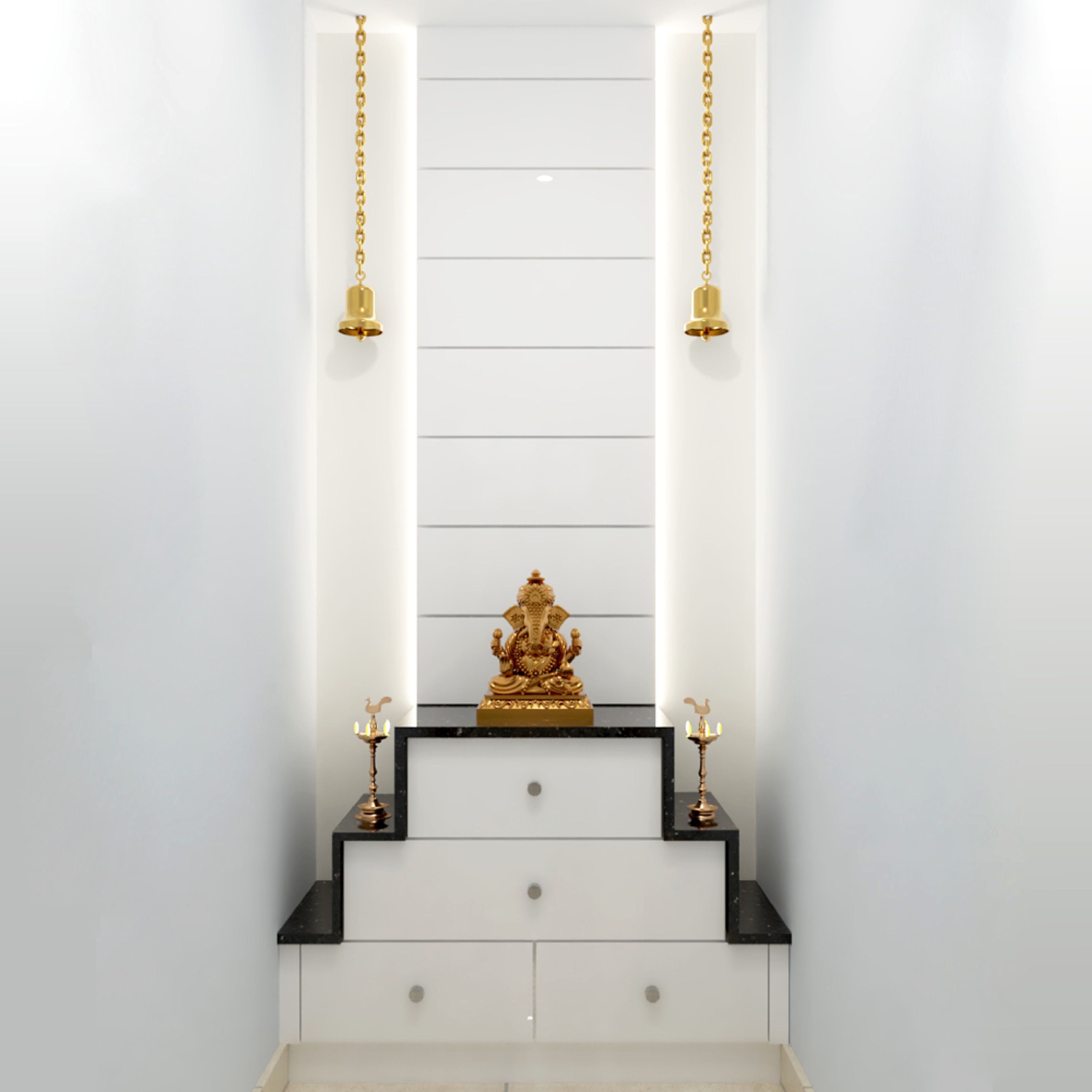 Spacious Mandir Design With White Stepped Drawer Storage, Vertical White Panel, Recessed Lights And Brass Bells - Livspace