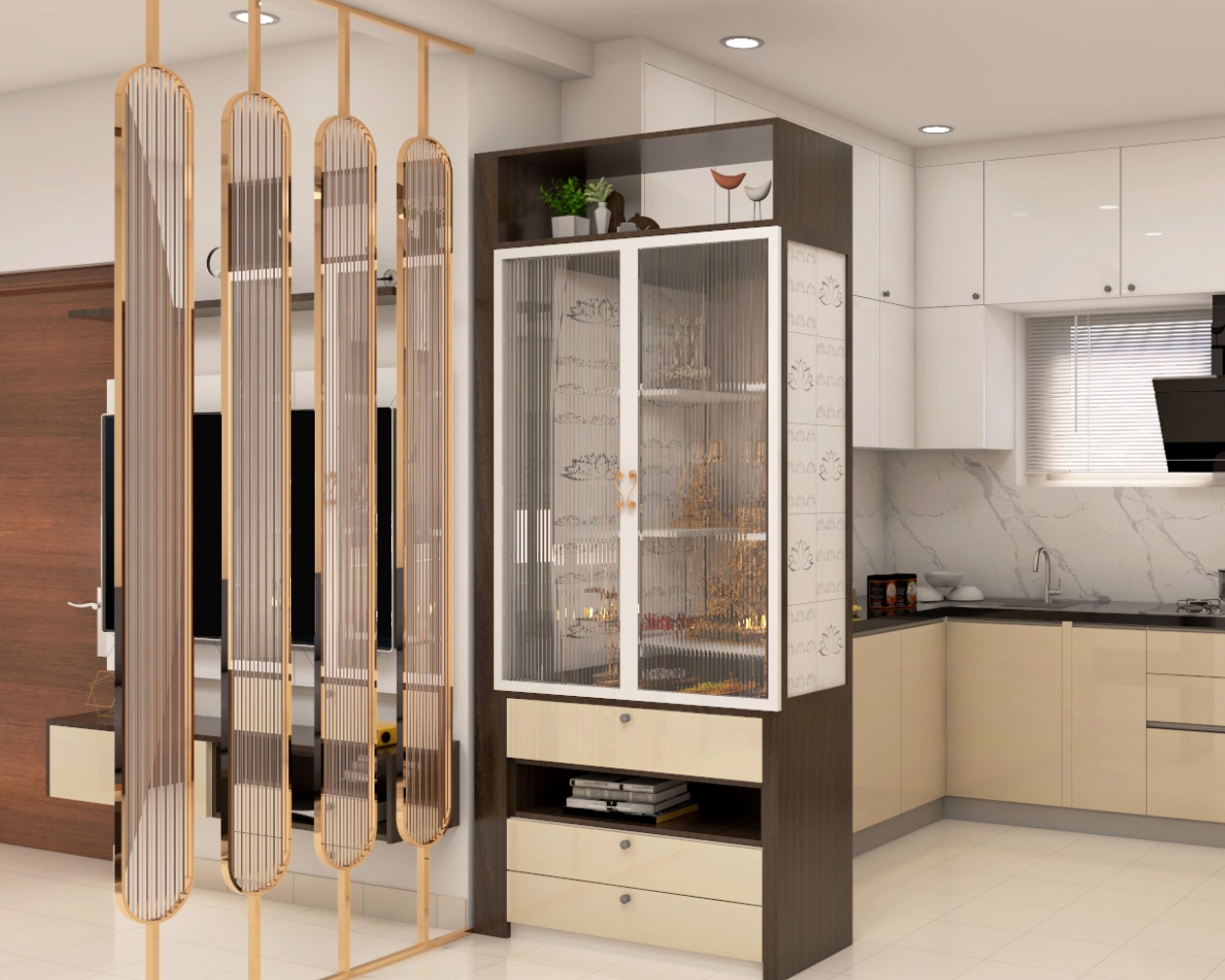 Closed-Shutter Mandir Design With Gold Panelled Partition Wall, Champagne-Toned Drawer Storage And Floor-Mounted Unit - Livspace