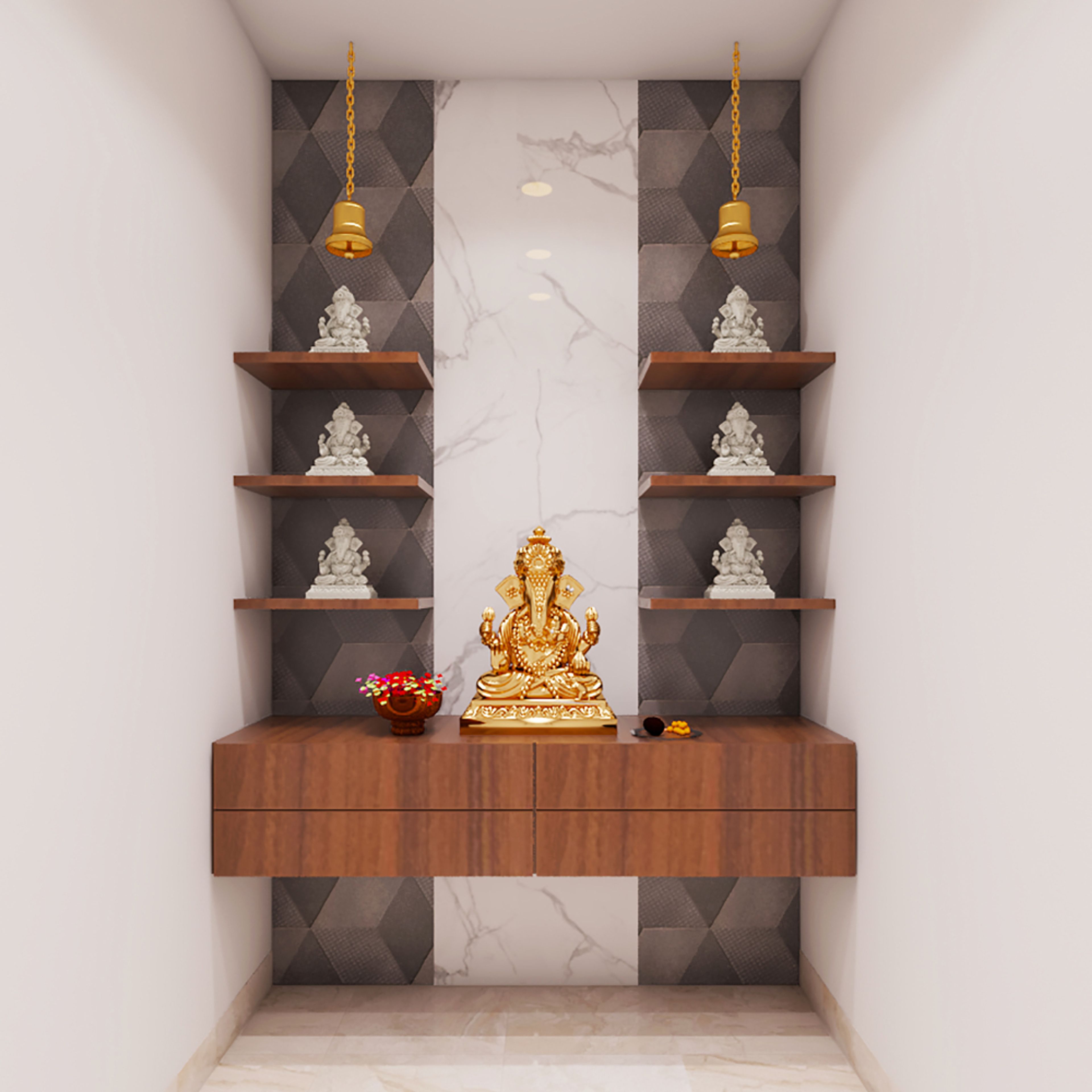Modern Persian Walnut Pooja Unit Design With Marble Wall Panel And Geometrical Wallpaper